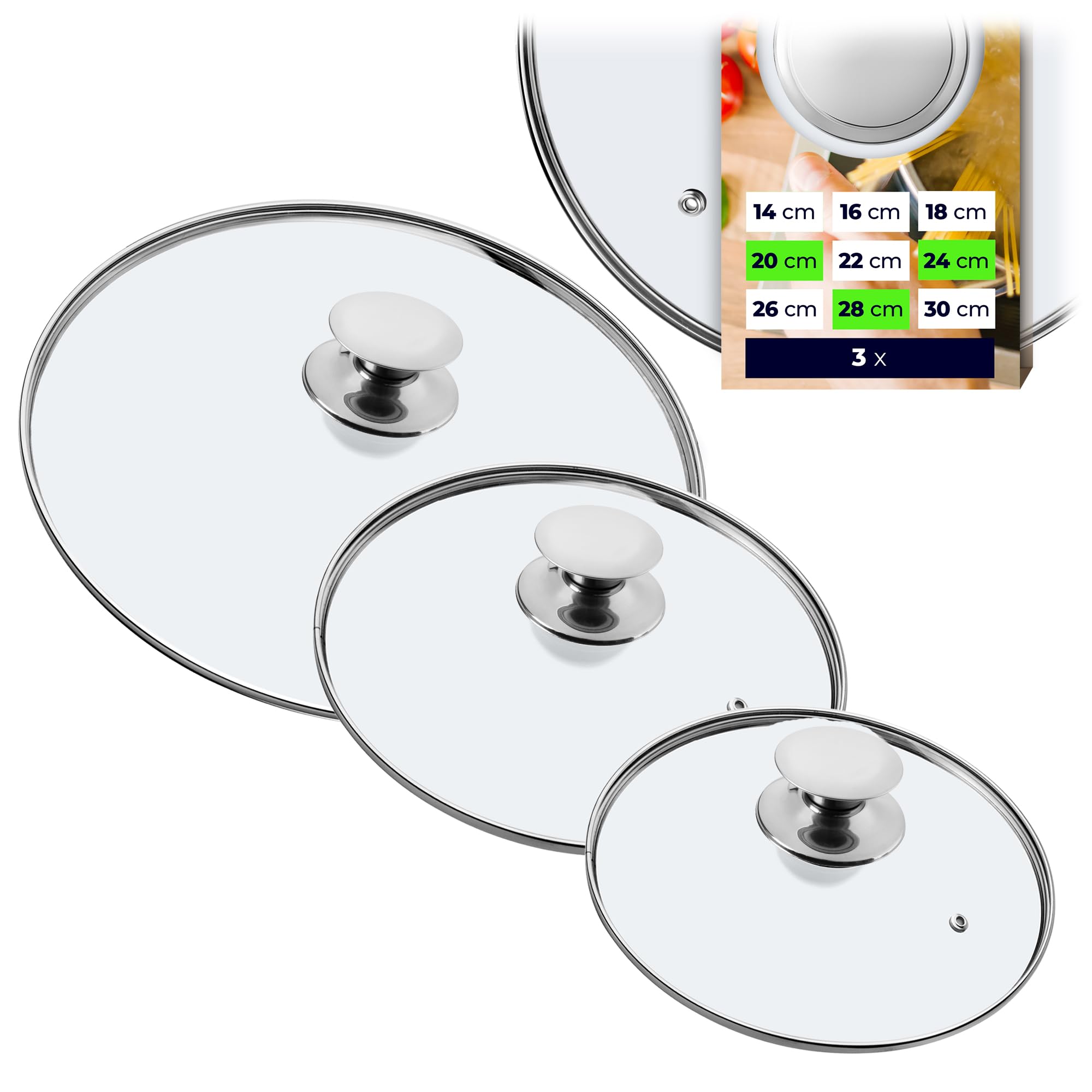 KADAX Set di coperchi universali in vetro con maniglia, set di coperchi resistenti al calore in diverse misure, coperchio in vetro per pentola, padella (20 + 24 + 28 cm, manico argento) (K8380)