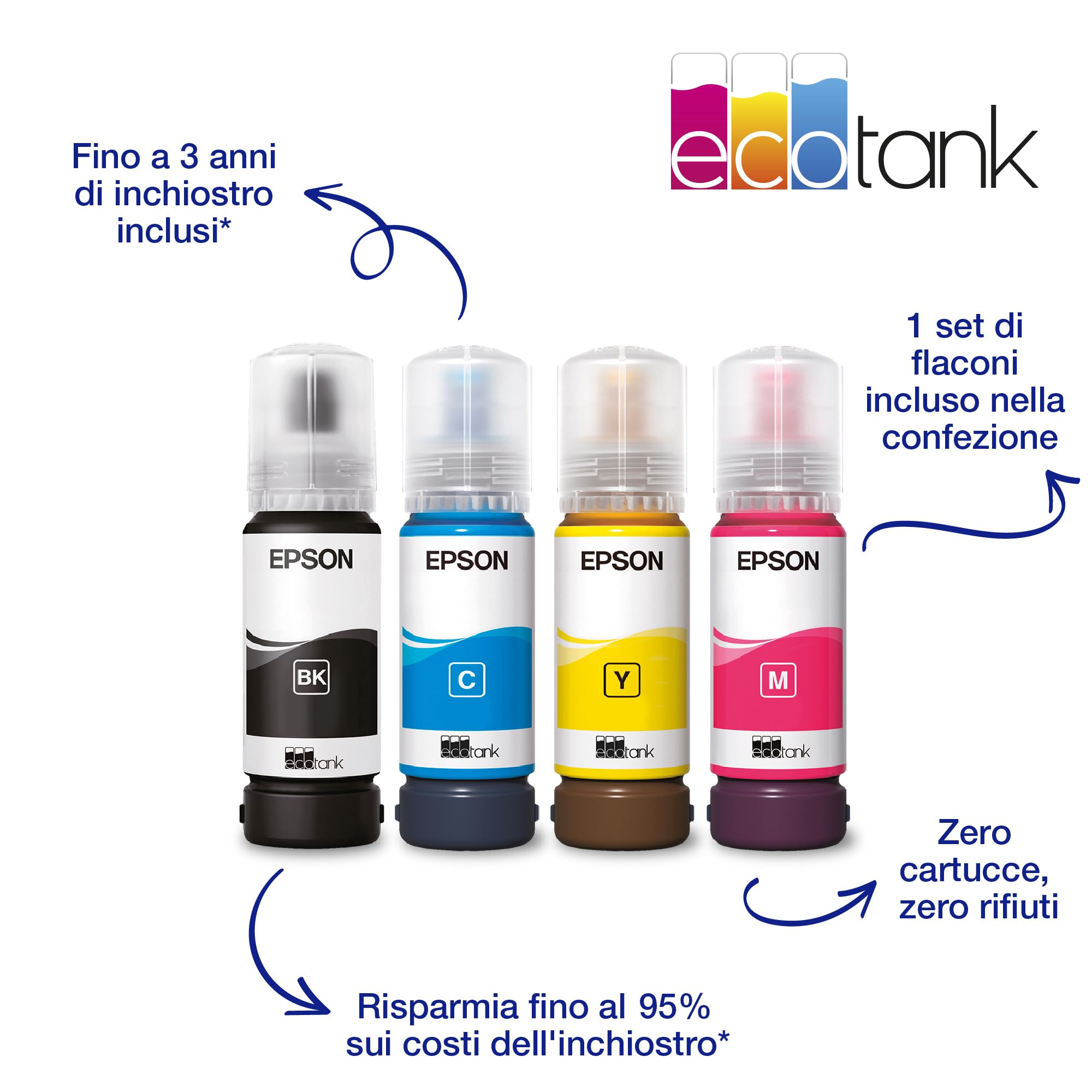 Epson EcoTank ET-1810 Stampante A4 con Serbatoi Ricaricabili Alta Capacità, 4 Flaconi Inclusi fino a 3600pag B/N 6500pag Colore, Wi-Fi, Wi-Fi Direct, ottieni 20€ di cashback