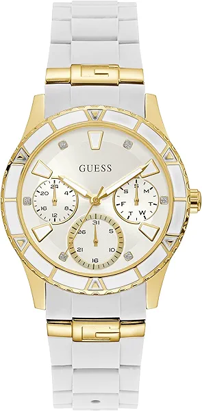 GUESS Women's Gold-Tone + Iconic Red Stain Resistant Silicone Watch