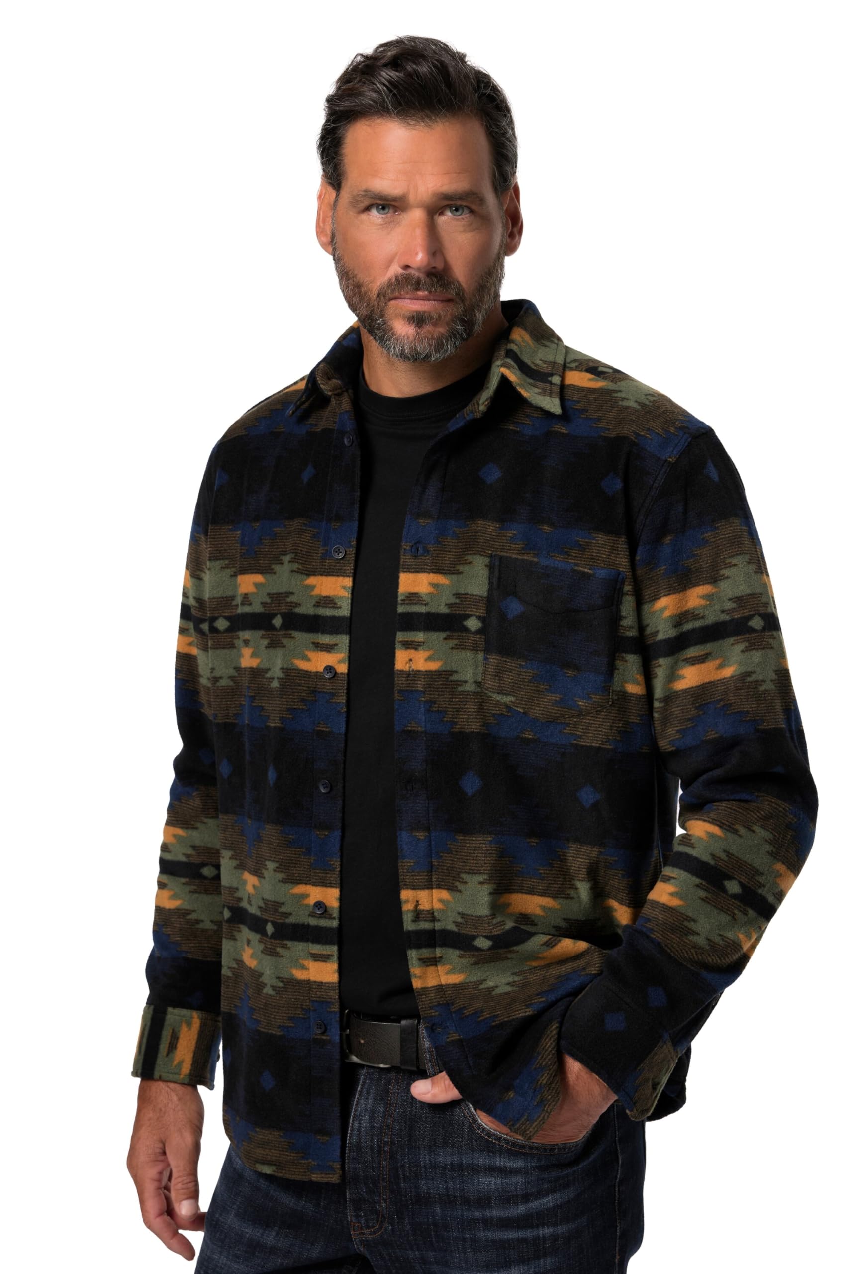 JP 1880 Herren große Größen Übergrößen Menswear L-8XL Hemd, Fleece, Allovermuster, Kentkragen, Modern Fit 831619