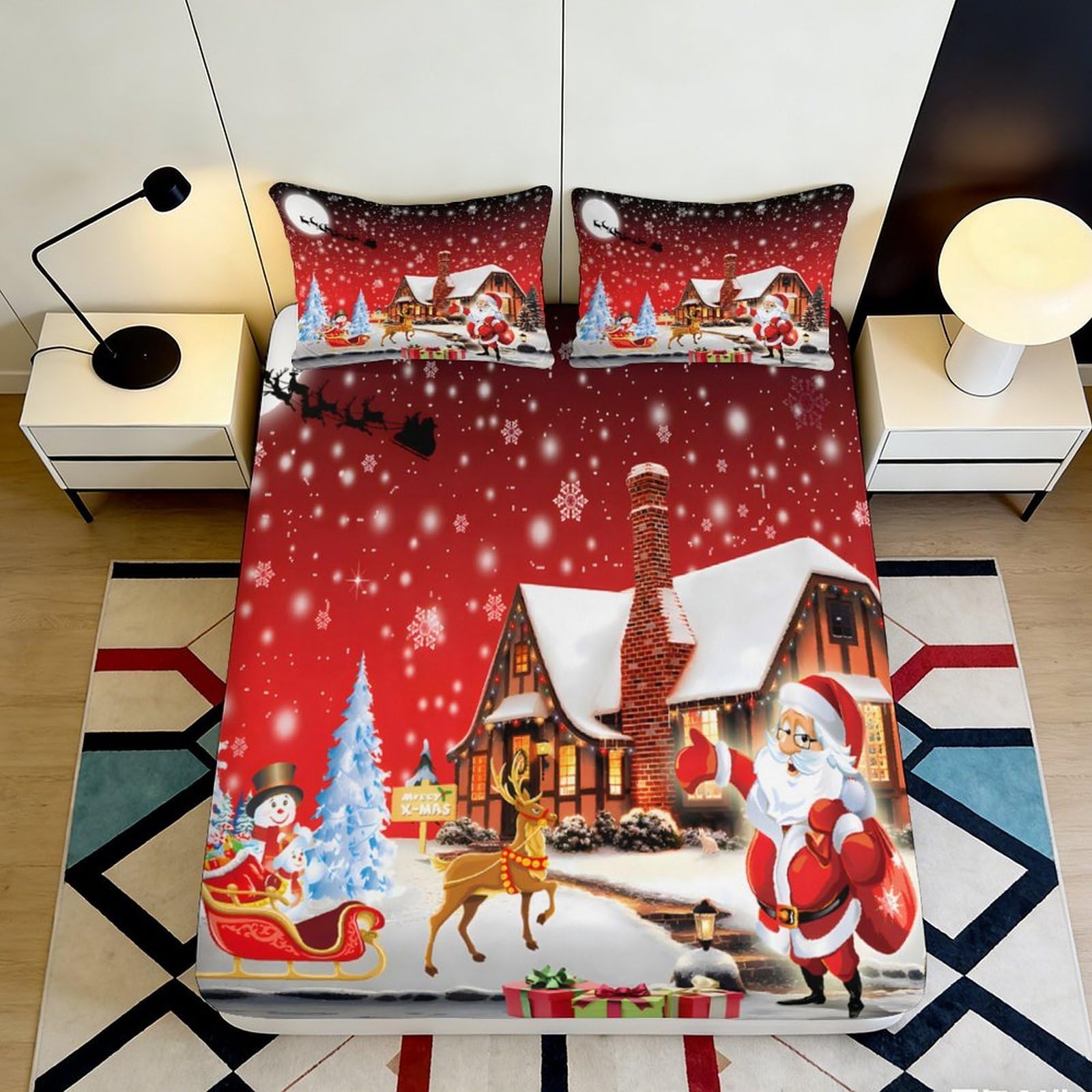 3D Printed Christmas Snow Scene Fitted Sheet Microfiber Deep Pocket Elastic Hem Bedroom Bedding Christmas Mattress Fitted Cover Washable 160x200x25cm