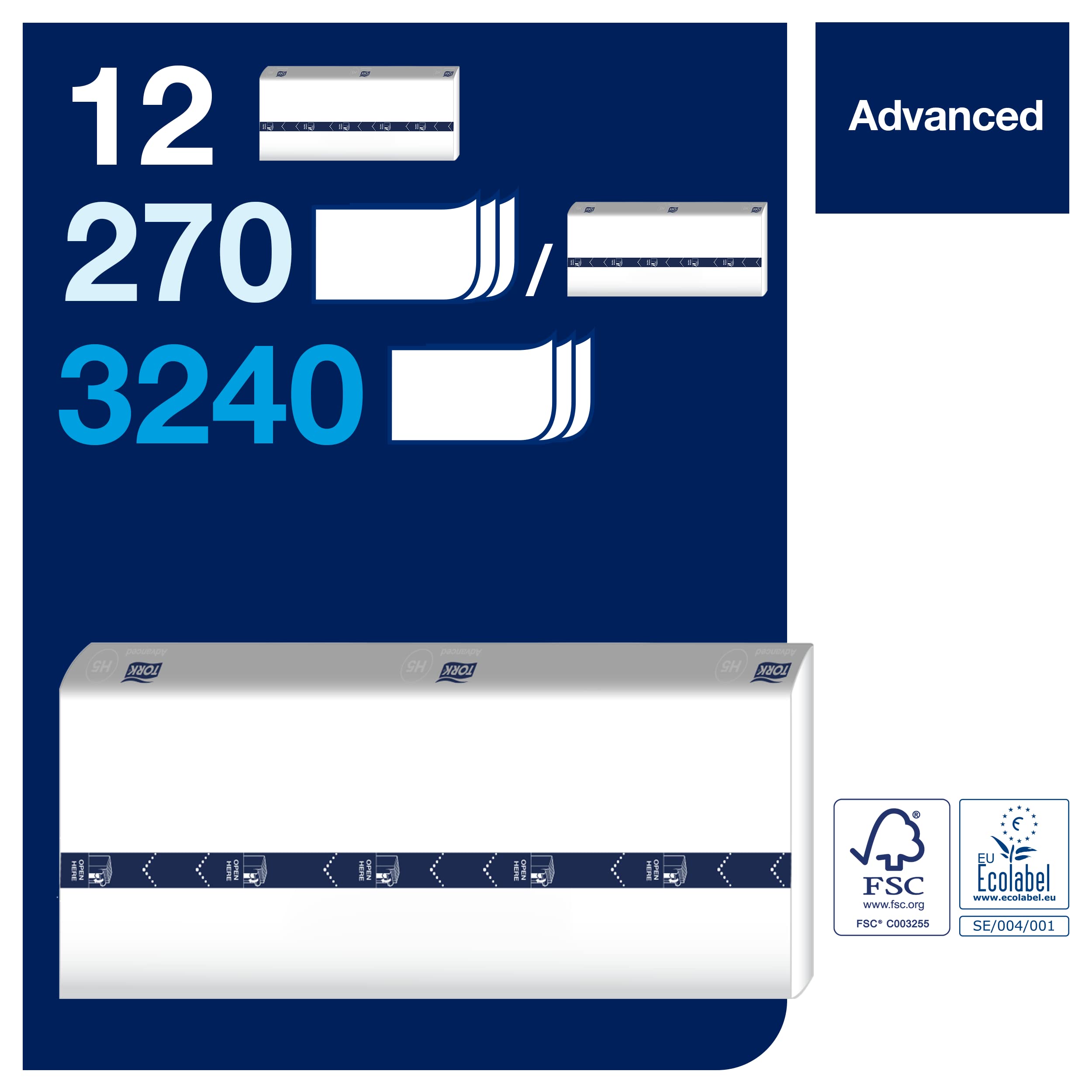 Tork 100589 PeakServe Single-Ply Hand Towels Universal - H5 Ręczniki papierowe do dozownika - 1-warstwowe, białe - 12 x 270 ręczników