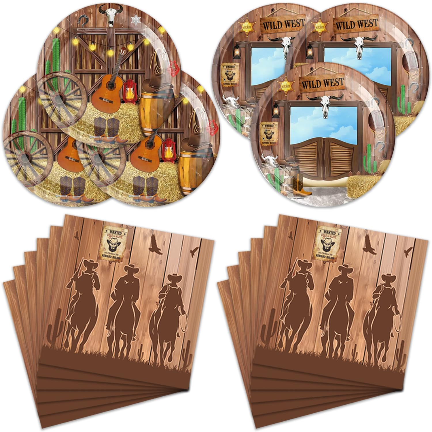 Generic 40Pcs Western Cowboy Birthday Party Decorations Plates, Disposable Tableware for 20 Guests, Wild West Pattern, Brown