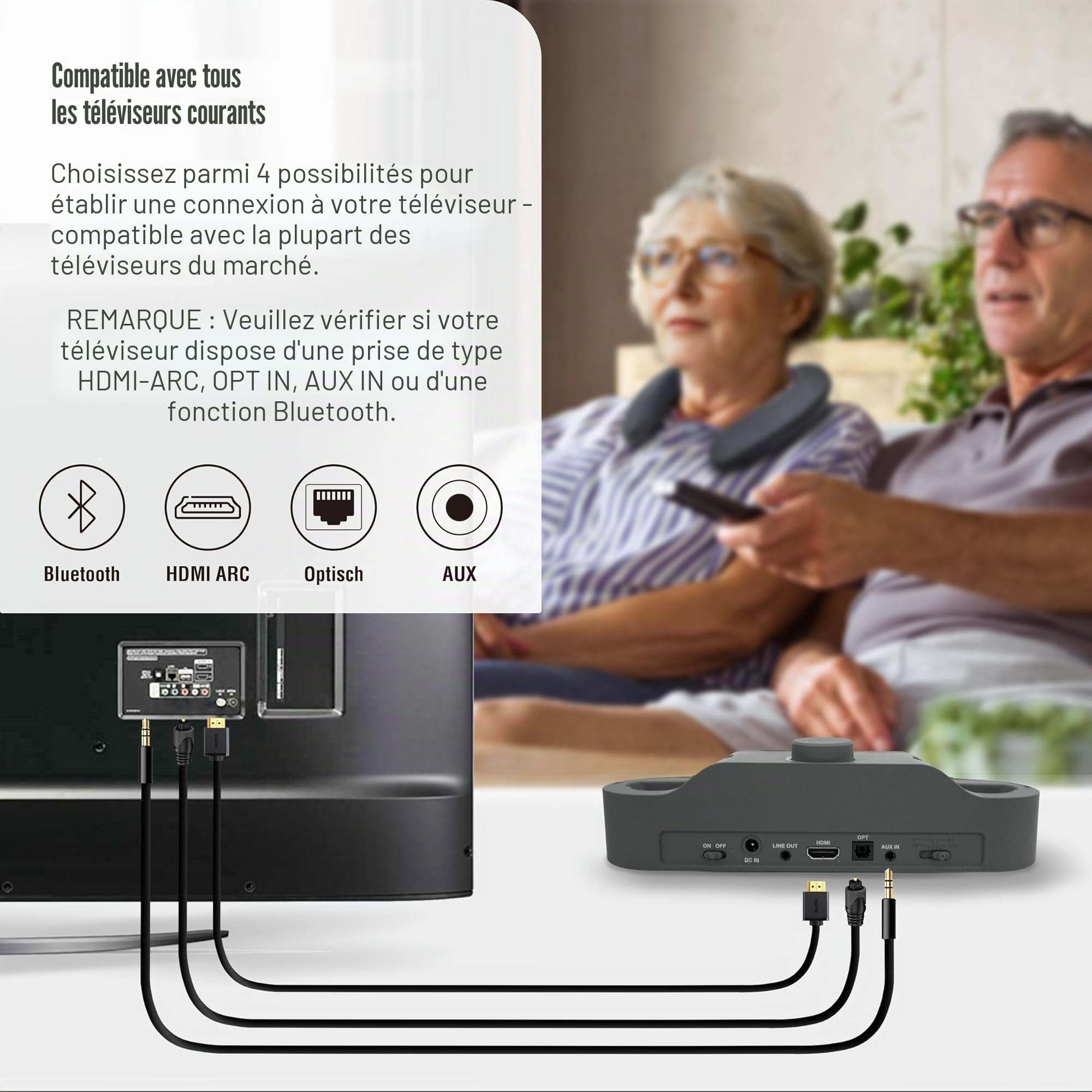 LEICKE Edgar Duo Haut-parleur TV sans fil – Amplificateur Vocal Portable pour Personnes âgées Malentendantes, Bluetooth 5.3, HDMI/Optique/AUX, Enceinte TV avec Amplificateur Auditif, 2e Génération