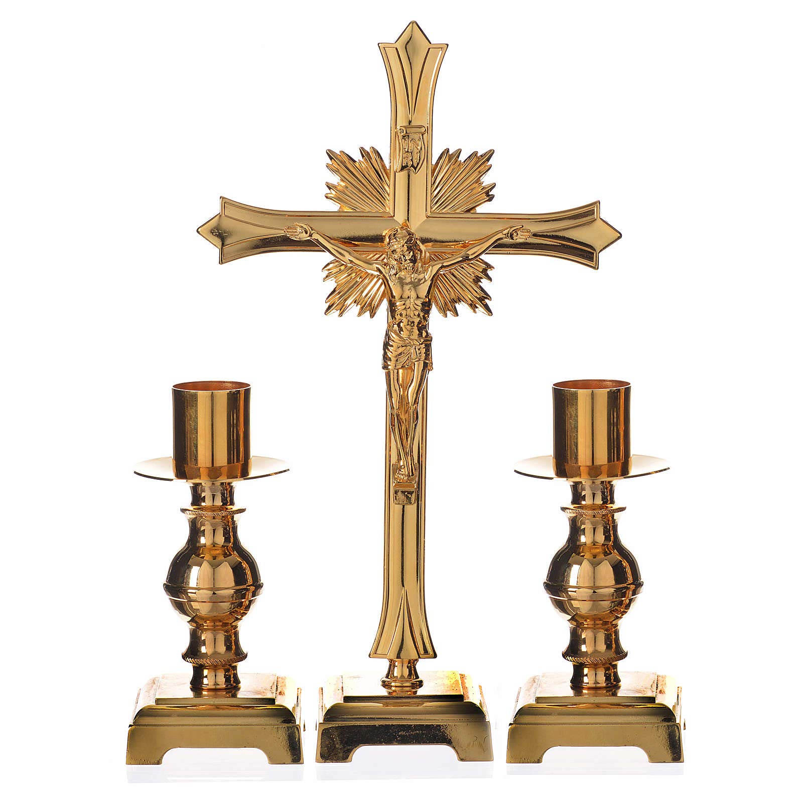 Altar Set with Crucifix and 2 candlesticks in Gold-Plated Brass