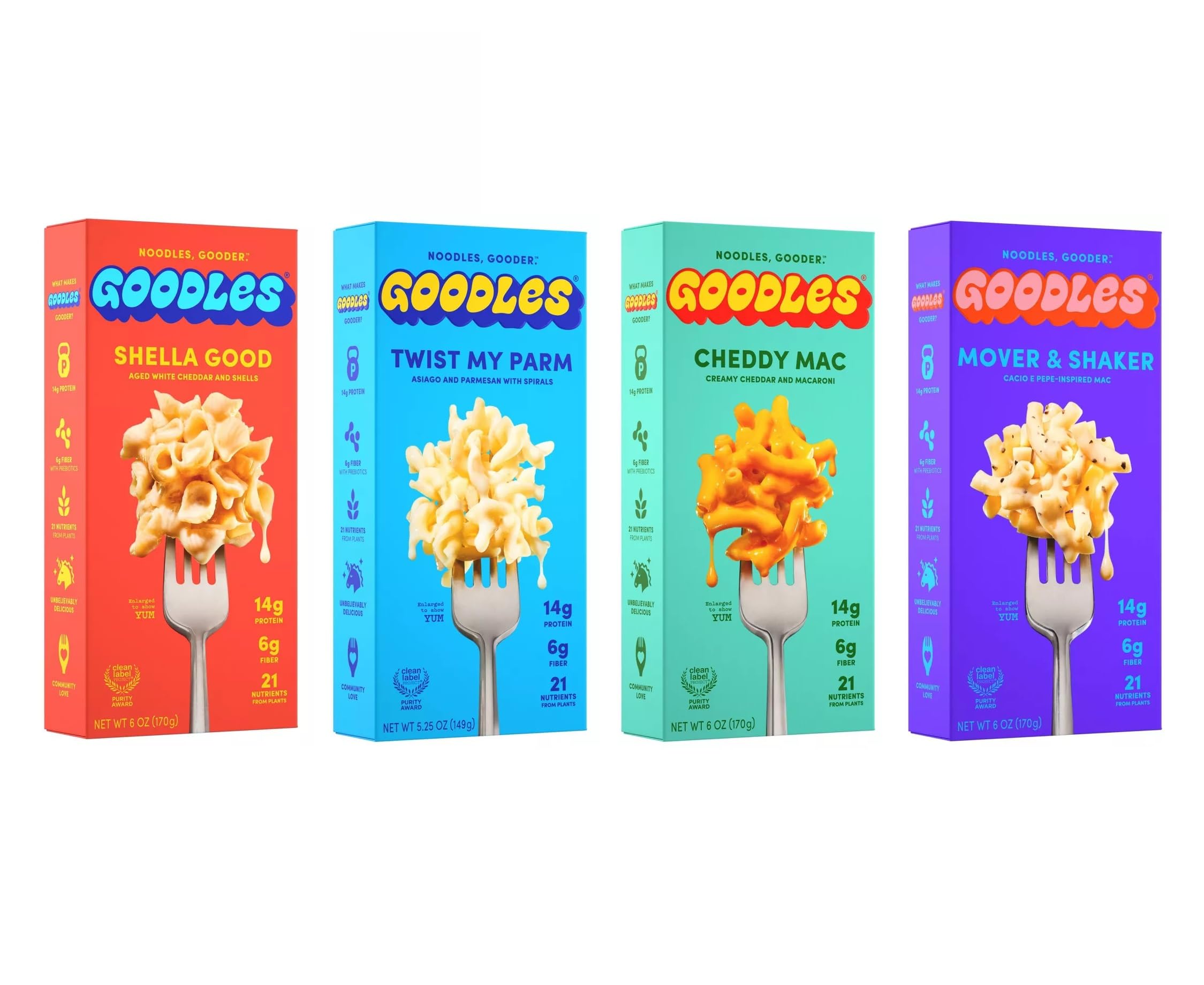Goodles Mac & Cheese Assortment 4 Pack, 6oz - 14g Protein, 6g Fiber with Prebiotics, 21 Plant-Based Nutrients and Made w/REAL Cheese! | Clean Label Certified