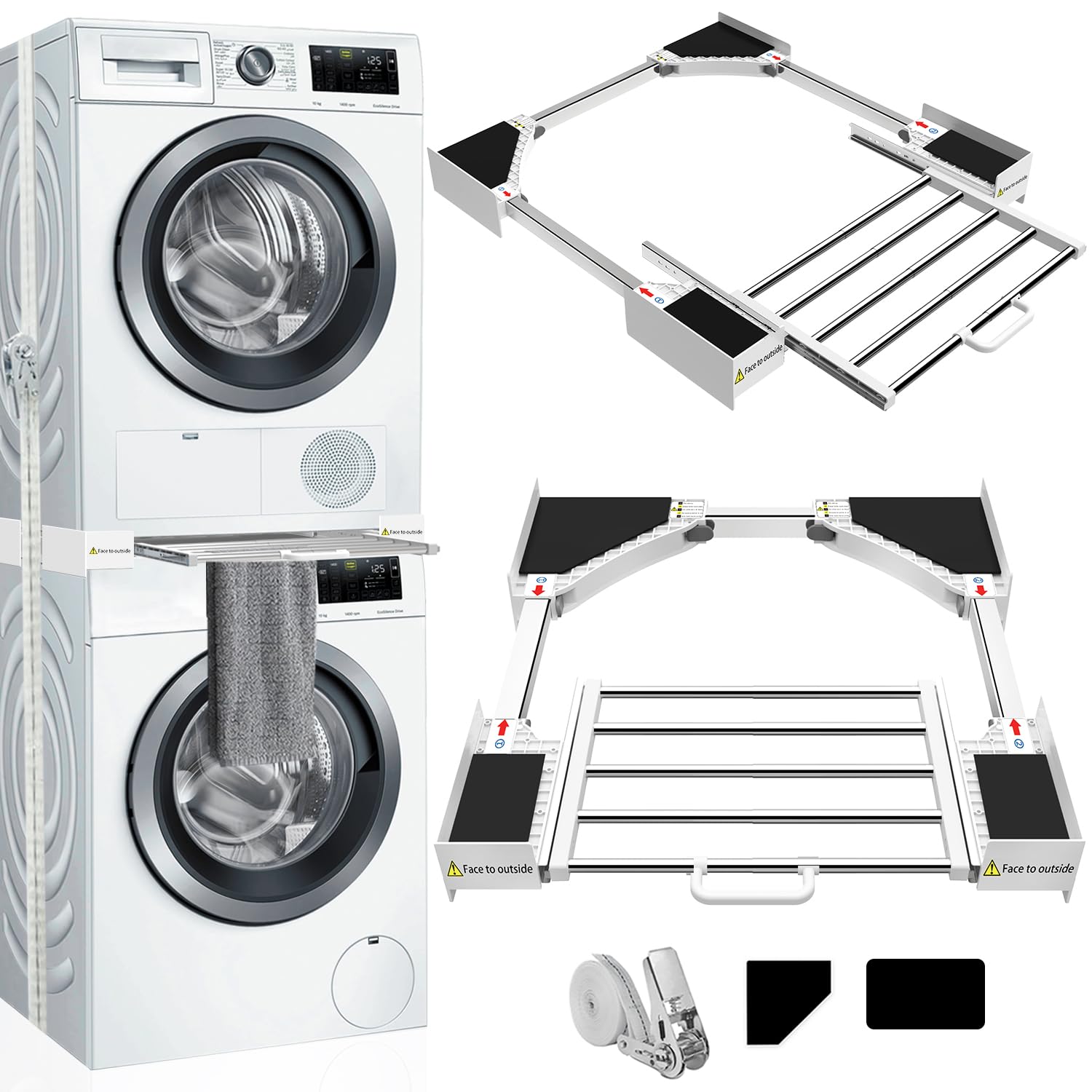 BOWEN EZ Stacking Kit for Tumble Washer and Dryer, Universal Washing Machine Stacking Kit with Shelf, Suitable for Washer with Width 53-68 cm, Adjustable Stacking Kit with Ratchet Rope