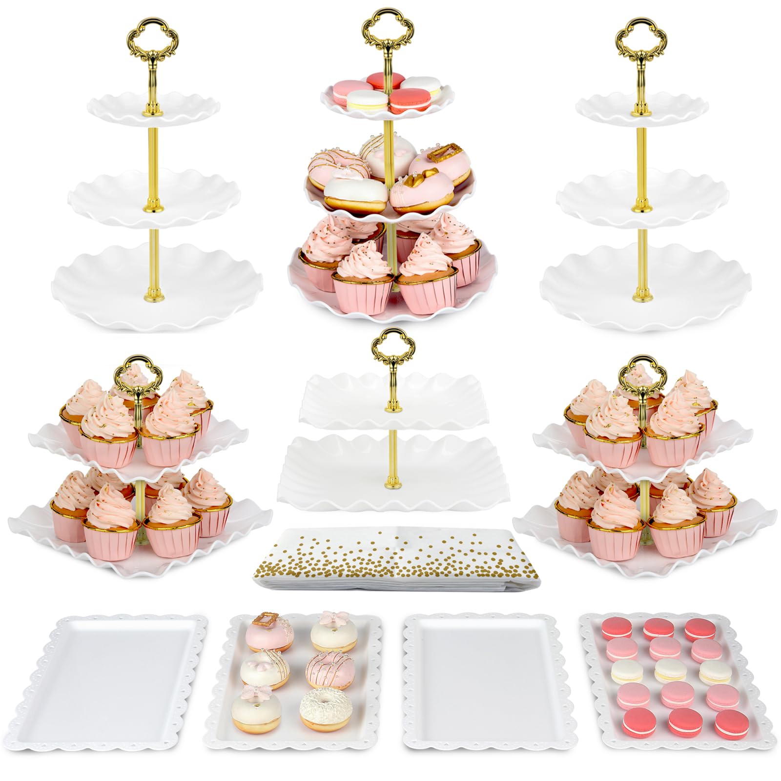 Pack of 11 NWK Cake Stand Set of Cupcake Stand, Tray &amp; Table Cloth (Gold)