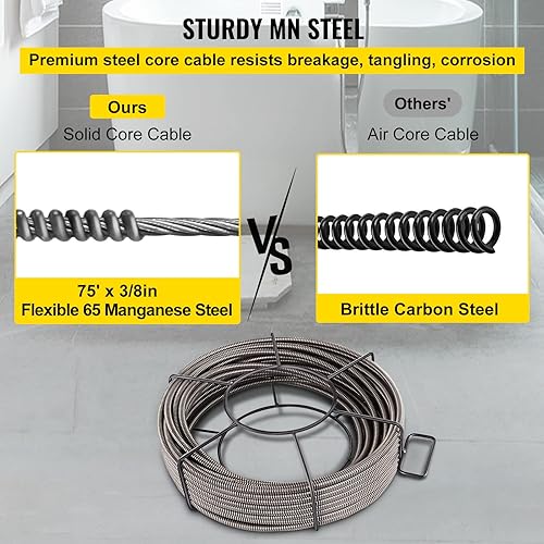 Miniatura 4 de VEVOR Cable de limpieza de drenaje de 75 pies x 38 pulgadas con núcleo sólido, cable para alcantarillado, cable limpiador de sifón, cable de