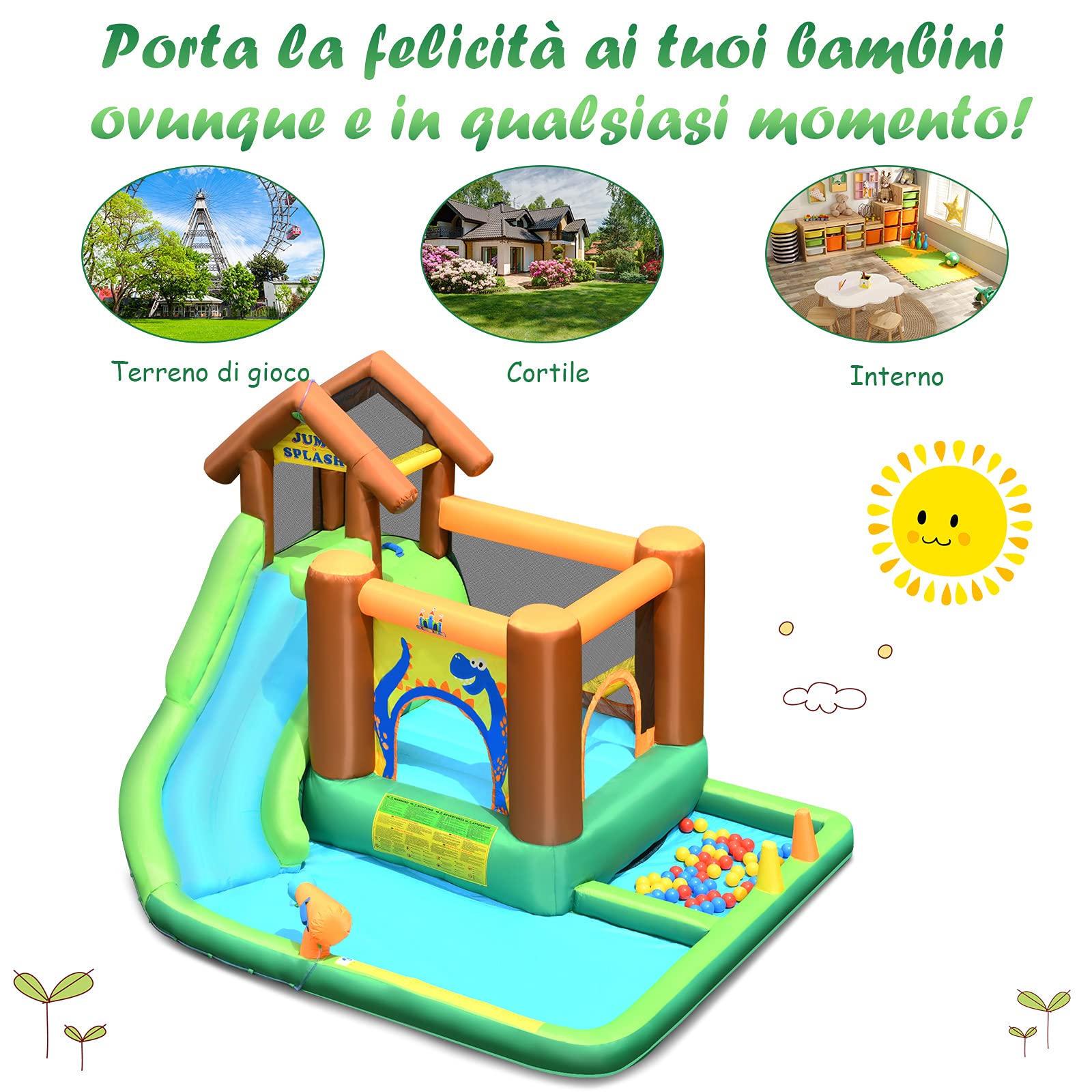 COSTWAY Castello Gonfiabile per Bambini, Parco Acquatico con Scivolo per Bambini, Piscina Trampolino e Palline, con Borsa da Trasporto, per 5 Bambini 3-10 Anni (con Compressore)