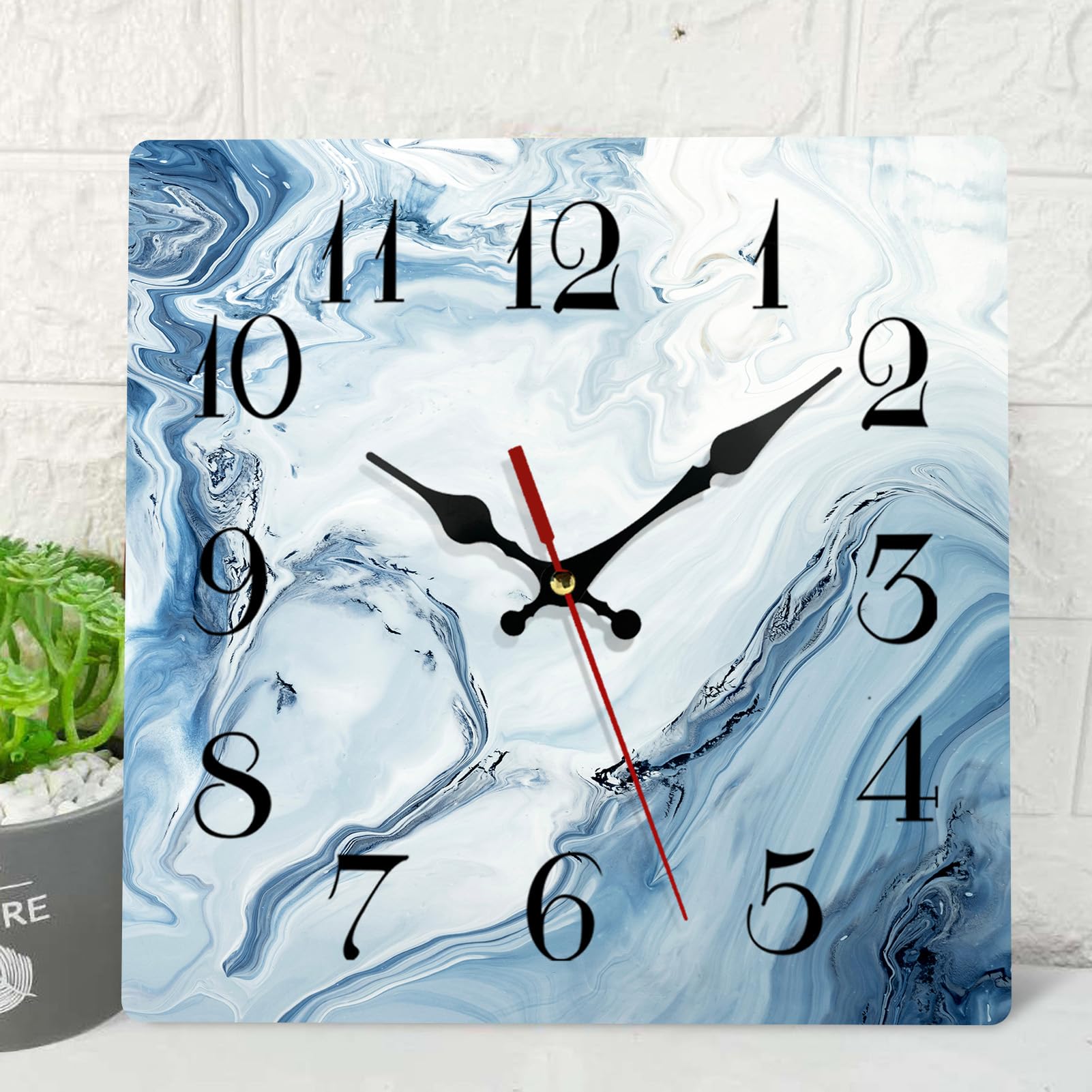 ArtSocket Painting Blue Marble Wooden Wall Clock Silent Non-Ticking, Ocean Contemporary Sea Abstract Square Rustic Wall Clocks Decor for Home Kitchen Living Room Office, Battery Operated(12 Inch)