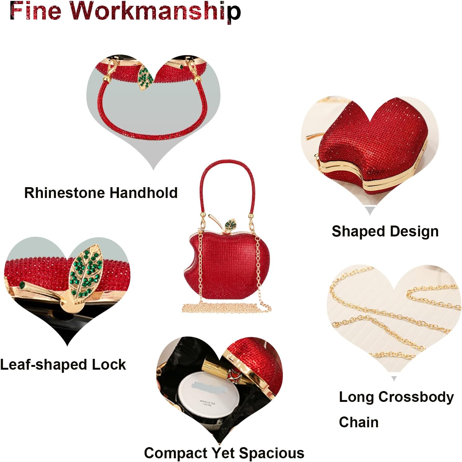 Red Rhinestone Apple-Shaped Evening Clutch Purse for Women, Crossbody Bag with Detachable Chain, Elegant Party Handbag for Prom Wedding Dinner Accessories (GreenLeaf)