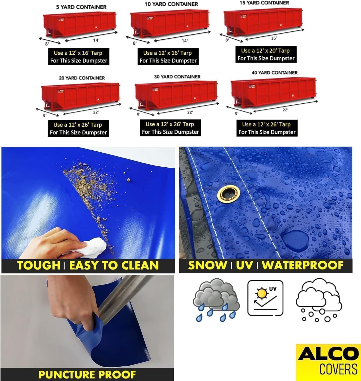 ALCO - Dumpster Tarp/Covers – Super Duty - Reinforced Vinyl (18oz PVC Dumpster Tarp (12'x 20') Black)