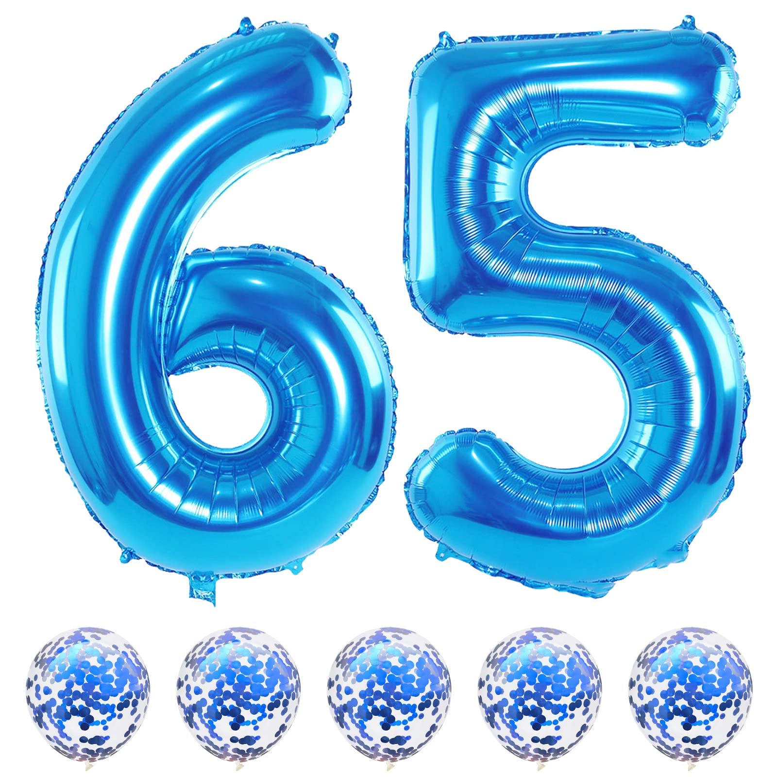 Blue Birthday Balloon Numbers 65, 40 Inch Big Foil Mylar Number 5 and 6 Balloons with Blue Confetti Latex Helium Balloons Set for Men Women 56th 65th