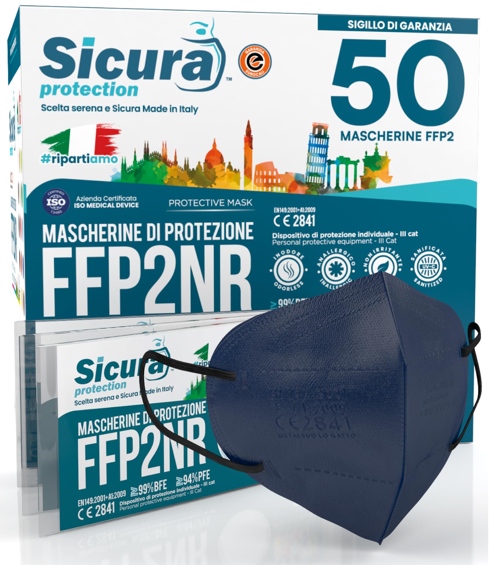 100 Masques FFP2 Noir Certifiés CE - Fabriqués En Italie - BFE ≥99% - Sanitizés Individuellement