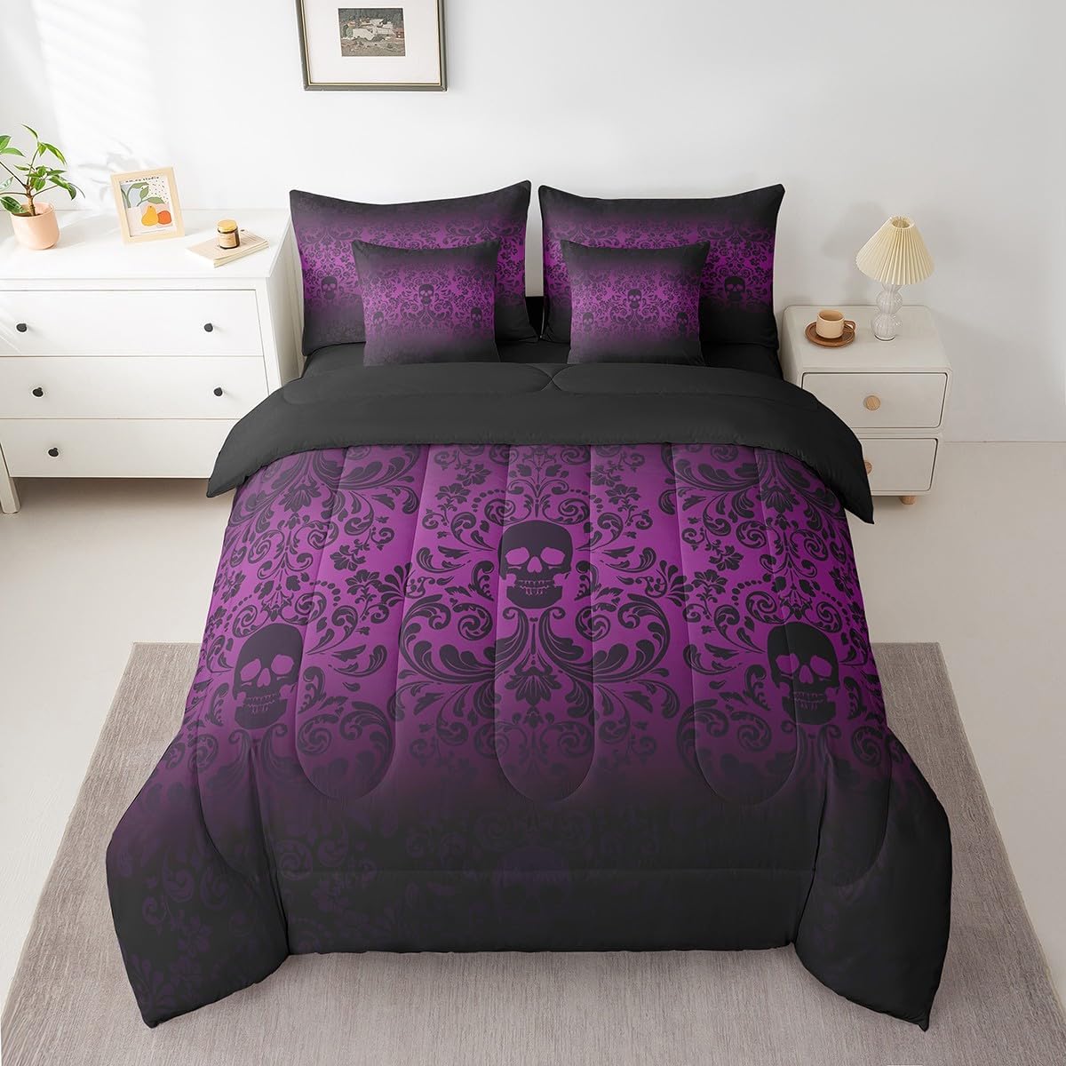 Damask Gothic Bedding Set Adults Antique Victorian Comforter Set 7 Piece Bed in a Bag Twin,Lilac Purple Sugar Skull Sheet Set Vintage Baroque Floral Goth Bed Set,Exotic Bone Skeleton Bohemian Decor