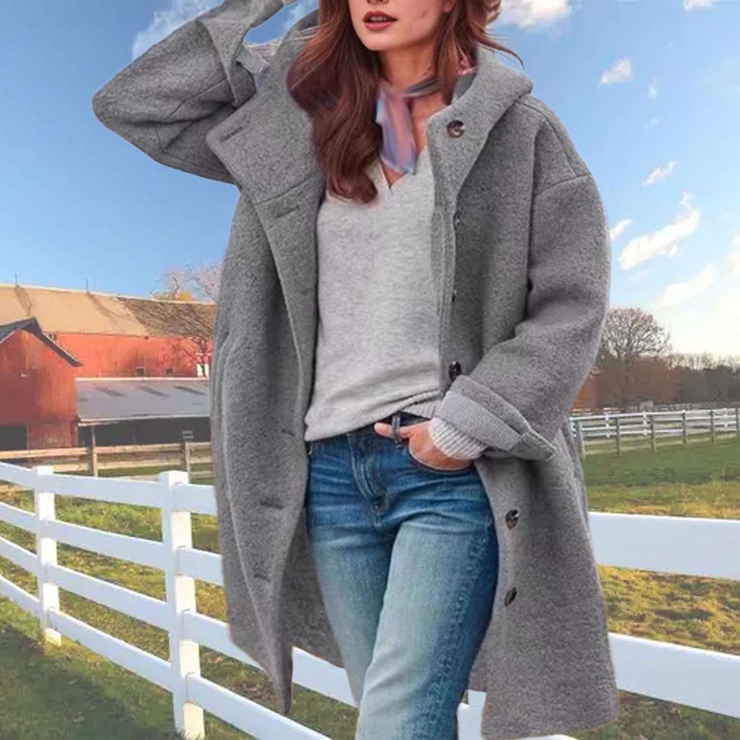 Women Winter Casual Single Breasted Hooded Jacket, Long Wool Blend Pea Coat Trench Coat Warm Button Down Overcoat - Image 3