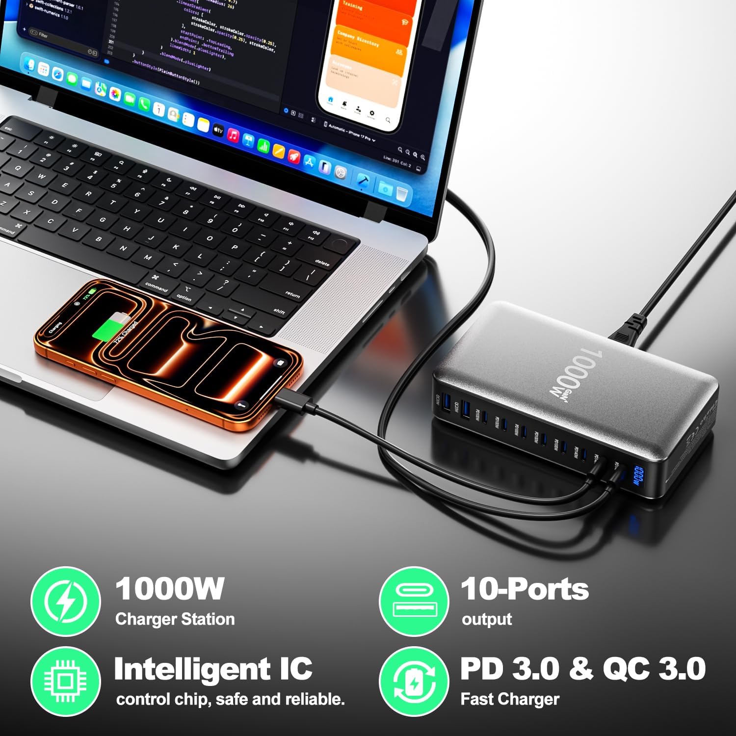 USB Charger Block, Charging Station 1000W 10 Port Type C Charger, USB Hub Multiple Devices Laptop MacBook Charger Compatible with iPhone 17/16/15/14/13/Samsung Galaxy/MacBook Pro/Air/iPad Pro