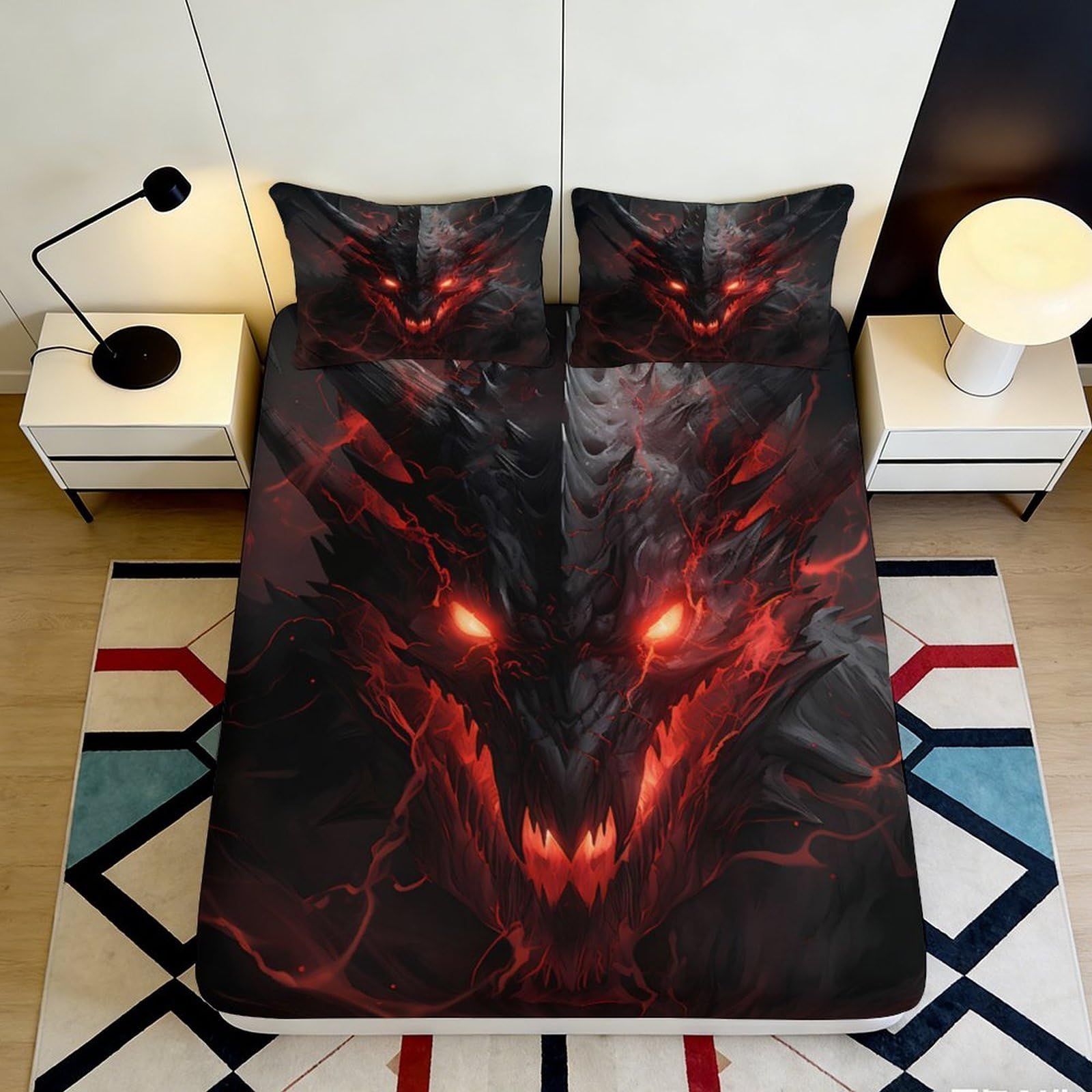 3D Printed Fiery Dragon Fitted Sheet Microfiber Anti-Slip Mattress Cover for Bedroom Dorm Black Red Decor 90x200x25cm