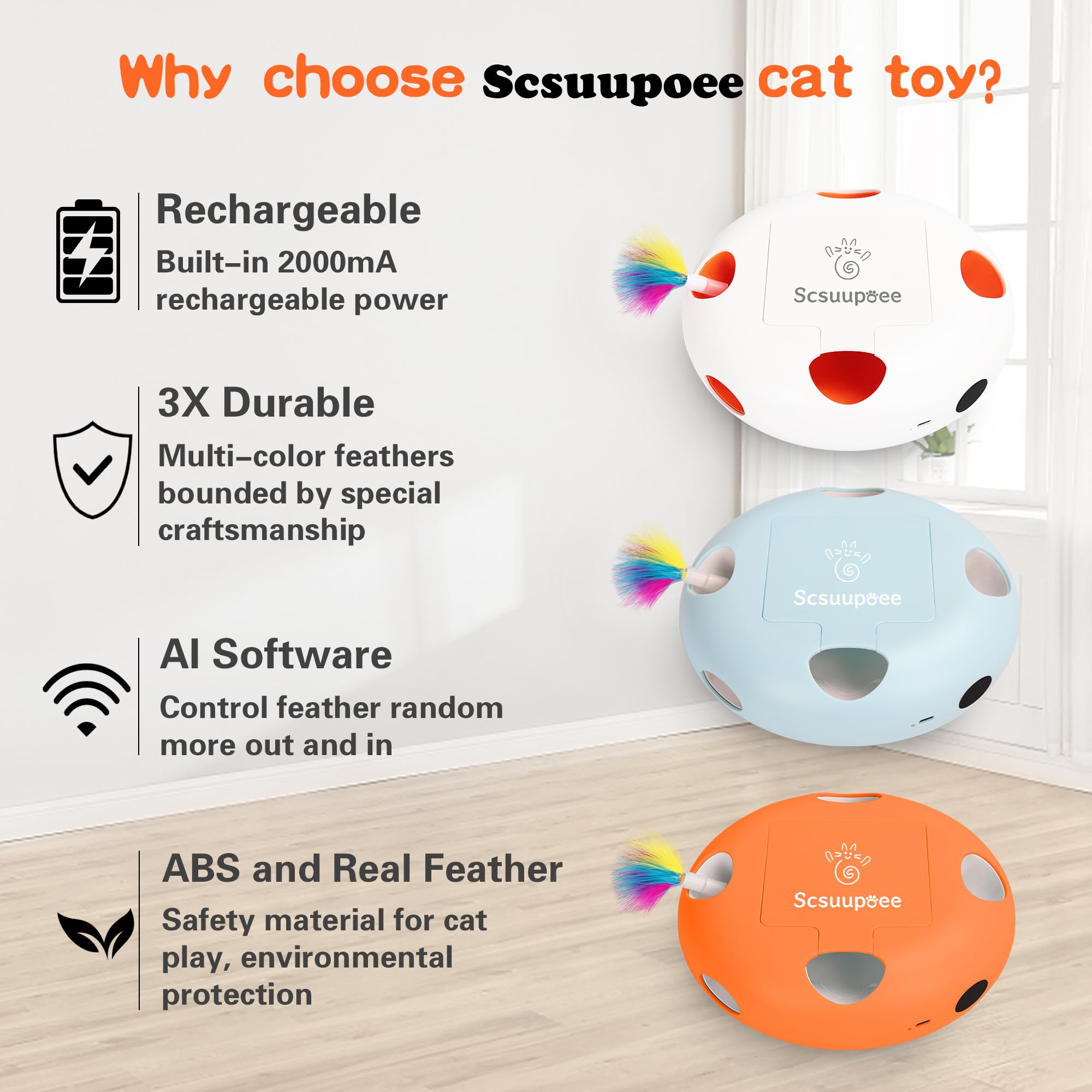 Giocattolo interattivo per gatti, ricaricabile, con sensore intelligente, con 7 fori, alimentato tramite USB, automatico, per gatti da interni, bianco
