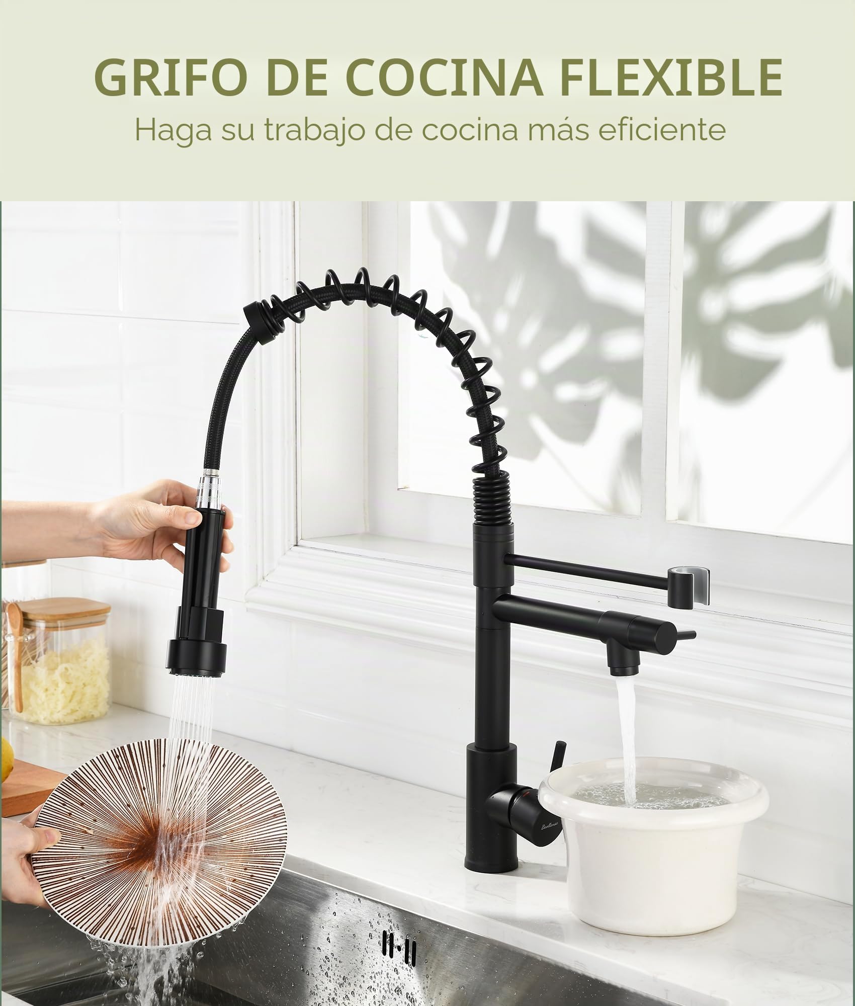 Grifo de cocina - Grifo de cocina con ducha extraíble, giratorio a 360°, mezclador de alta presión para cocina, grifo de fregadero de cocina de doble pulverización en acero inoxidable, negro