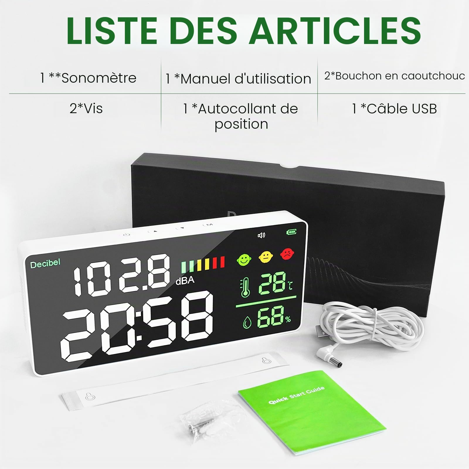 Sonomètre Décibel, écran LED, sonomètre réglage de la luminosité 30-130 dBA gamme 4 en 1, bruit, temps, température et humidité, adapté pour la maison, le bureau, etc
