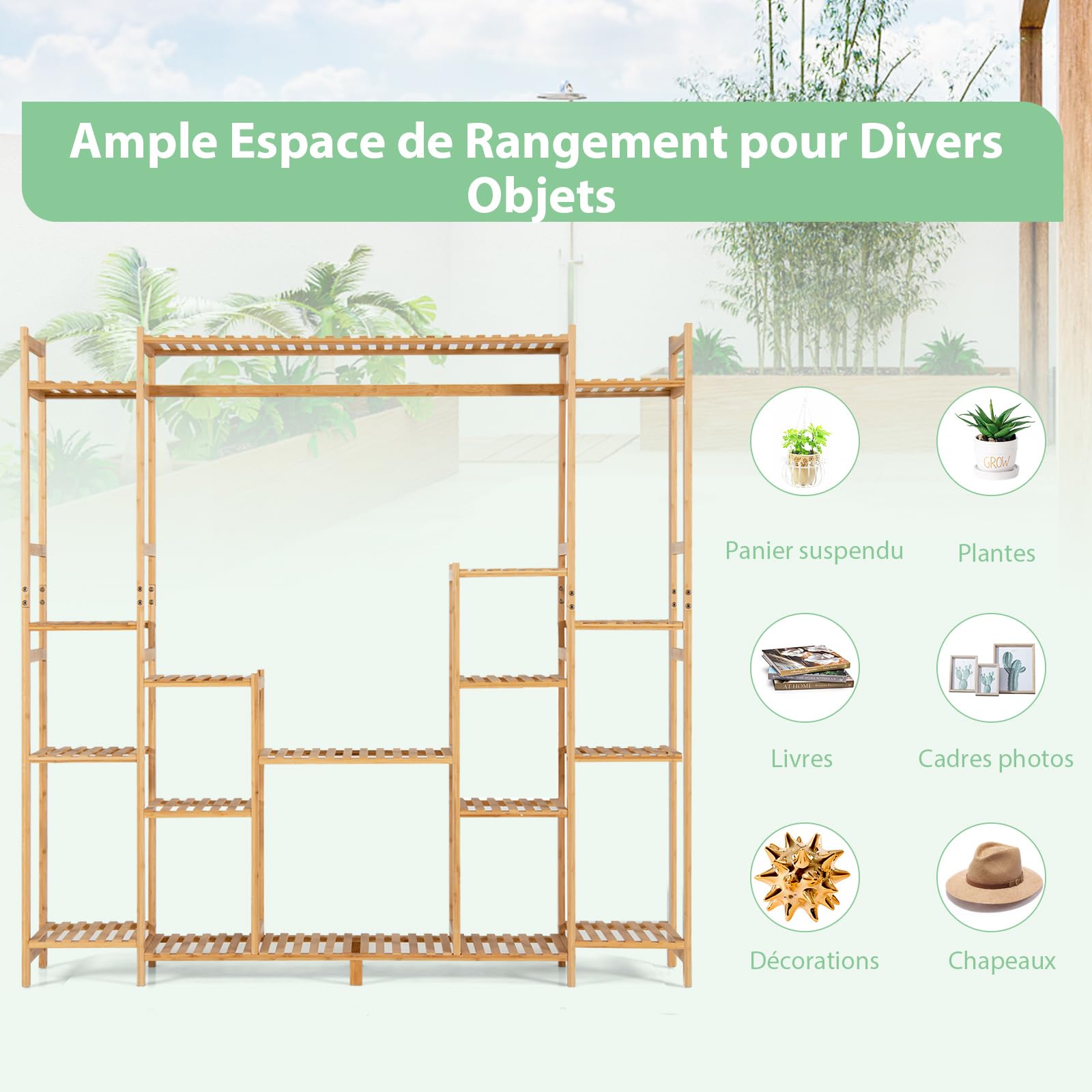 COSTWAY Support pour Plantes en Bambou à 9 Niveaux, Porte-Plante Dispositif Anti-basculement Charge de Chaque Étagère 10KG, Convient au Salon Balcon, 167 x 30 x 166 cm