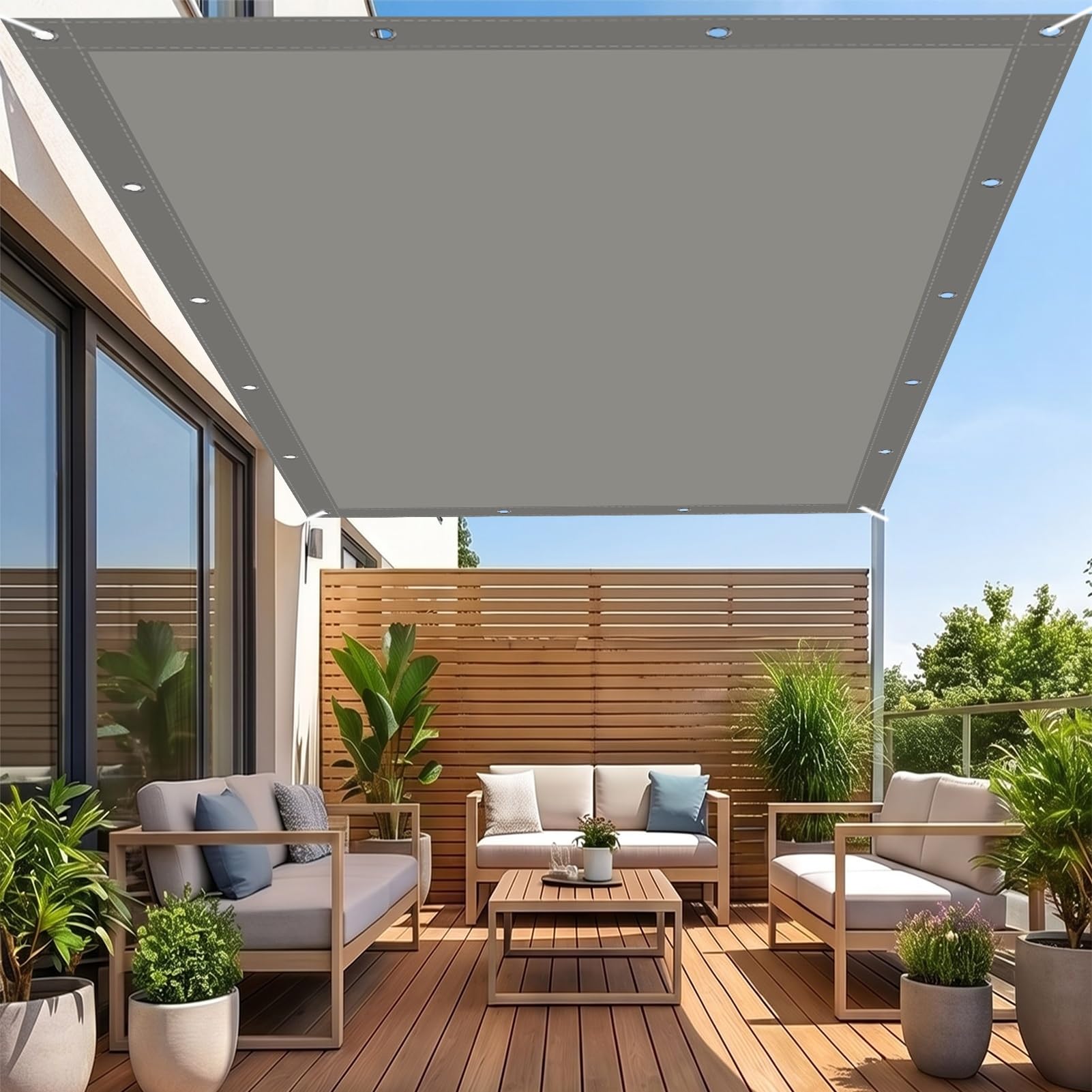 Plandeka zewnętrzna 230 x 560 cm ochrona przeciwsłoneczna wodoodporna markizy zewnętrzne taras z liną mocującą na podwórko do ogrodu, jasnoszara