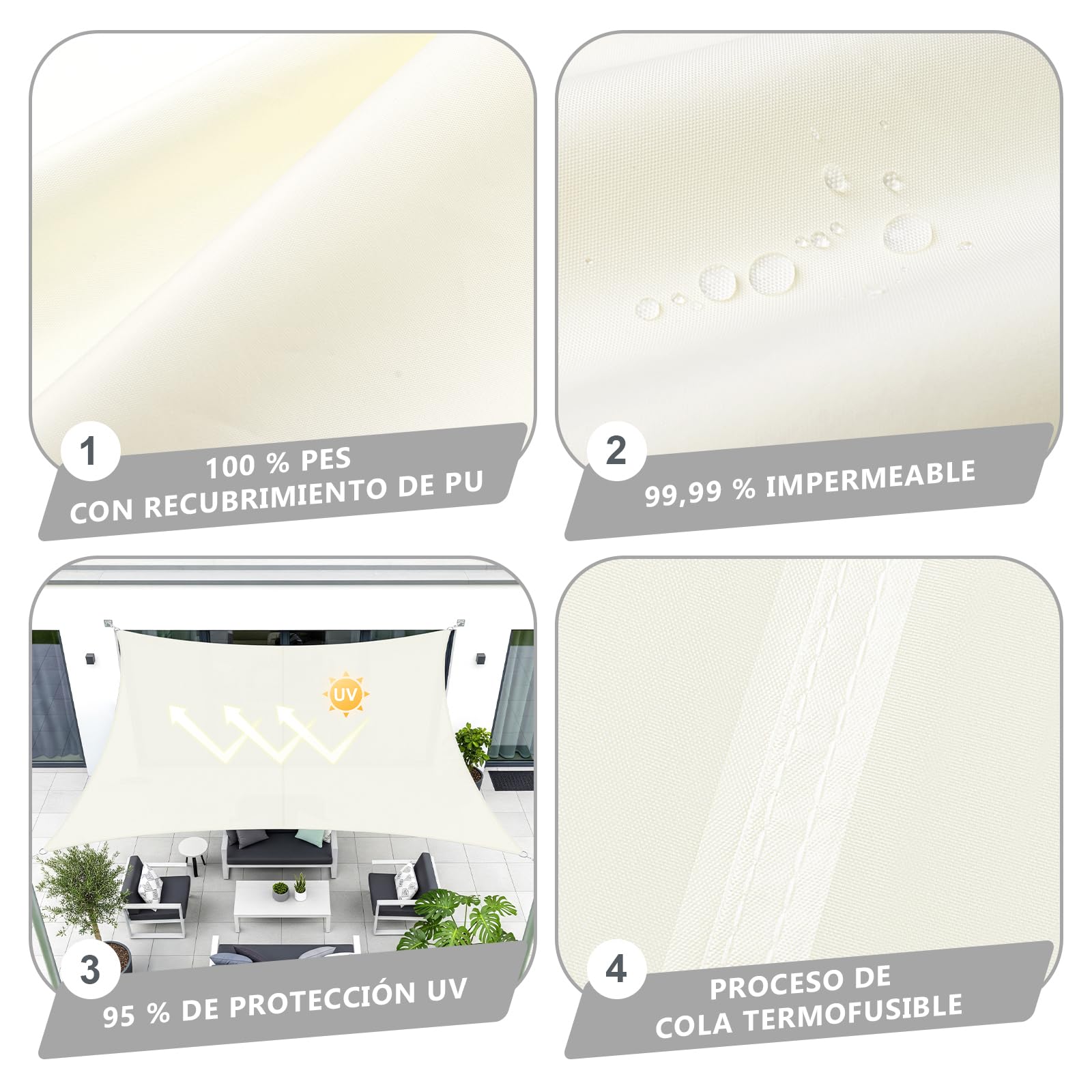 UMI Toldo Vela de Sombra Impermeable 3x3m Cuadrado Protección UV 95% para Terraza Jardín Patio Exteriores - Color Crema