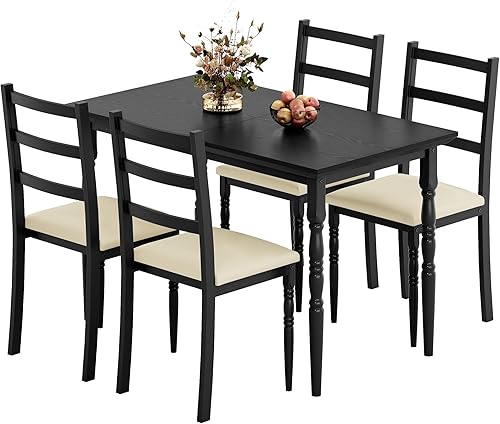 Miniatura 7 de YITAHOME Juego de mesa de comedor de 5 piezas para 4, mesa de comedor de estilo granja con sillas, tapizada en cuero sintético, juego de mesa de