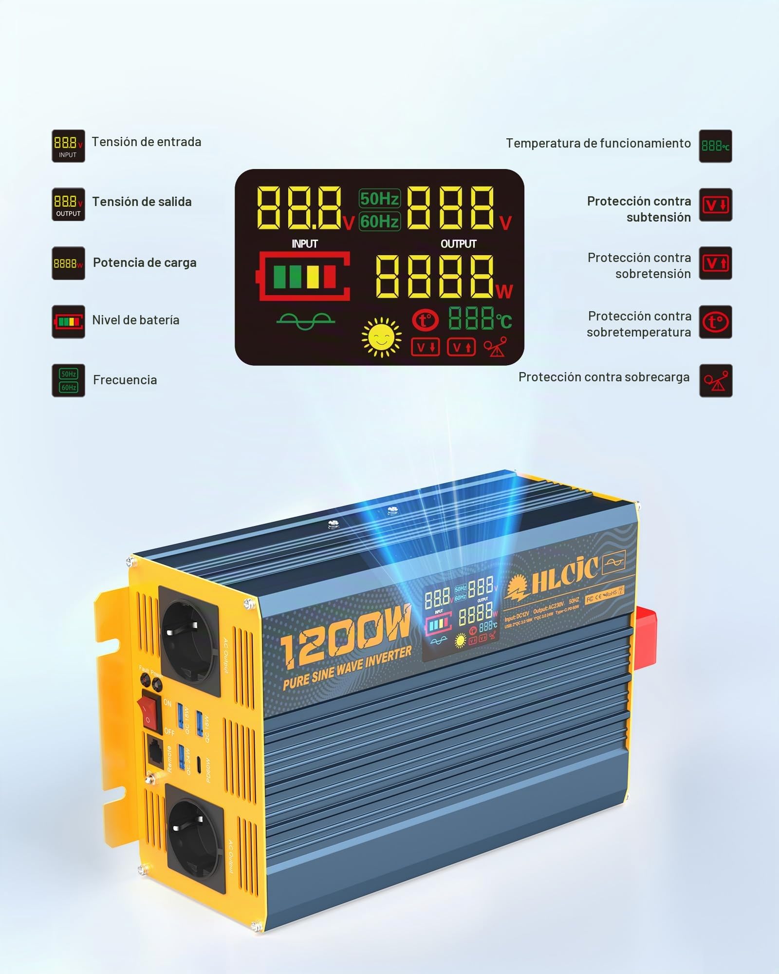 Inversor de Corriente 1200W/2400W Onda Sinusoidal Pura 12V a 230V, Pantalla LCD para Autocaravana Camión Coche