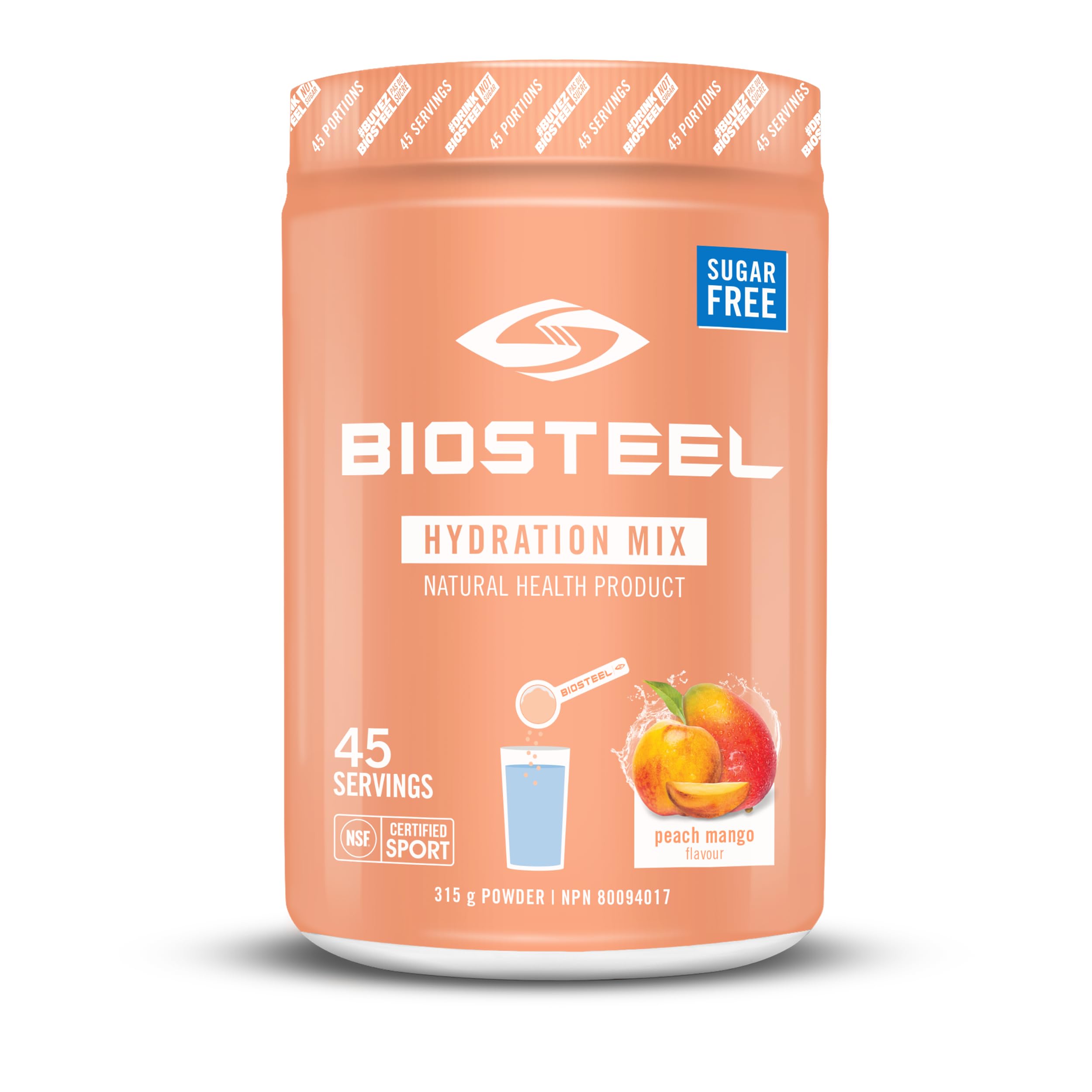 BioSteel Sports Hydration Mix, Great Tasting Hydration with Zero Sugar, and No Artificial Flavours or Preservatives, Peach Mango Flavour, 45 Servings per Tub