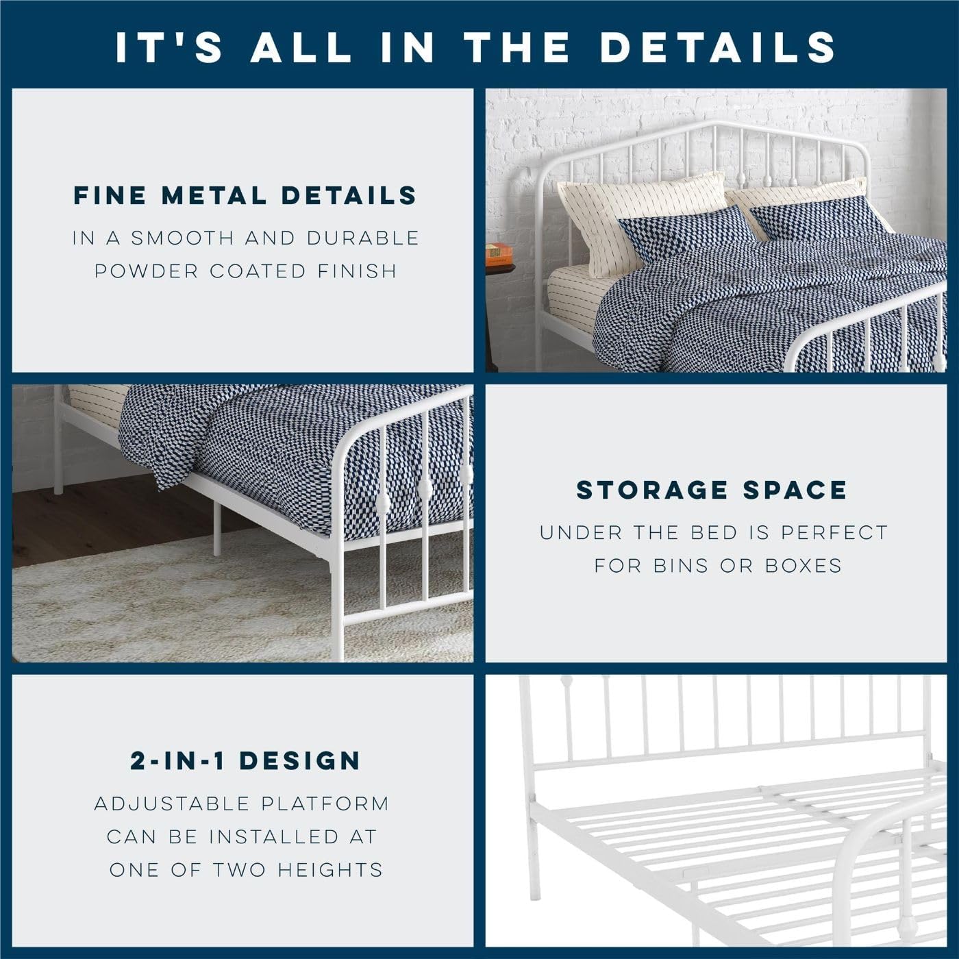 Novogratz Bushwick Queen Bed Frame Metal with Slightly Triangular Headboard, Inset Spindles, Adjustable Base for Storage, No Box Spring Needed, Off White