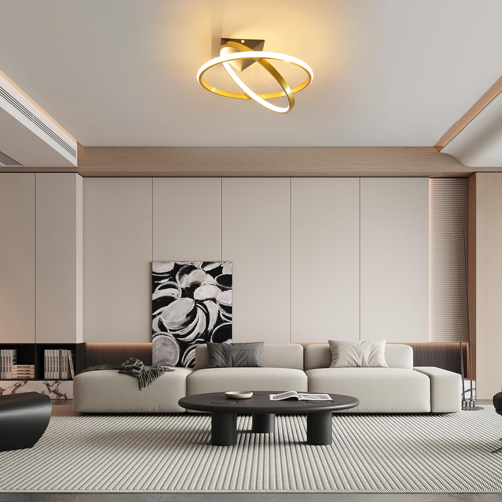 Plafoniera LED Soffitto Moderna, 32W 3600LM Lampada Dimmerabile con Telecomando 3000K-6500K, Ruotabile 360° Lampadario Moderno per Camera da Letto Soggiorno Cucina, Ø41CM, Oro