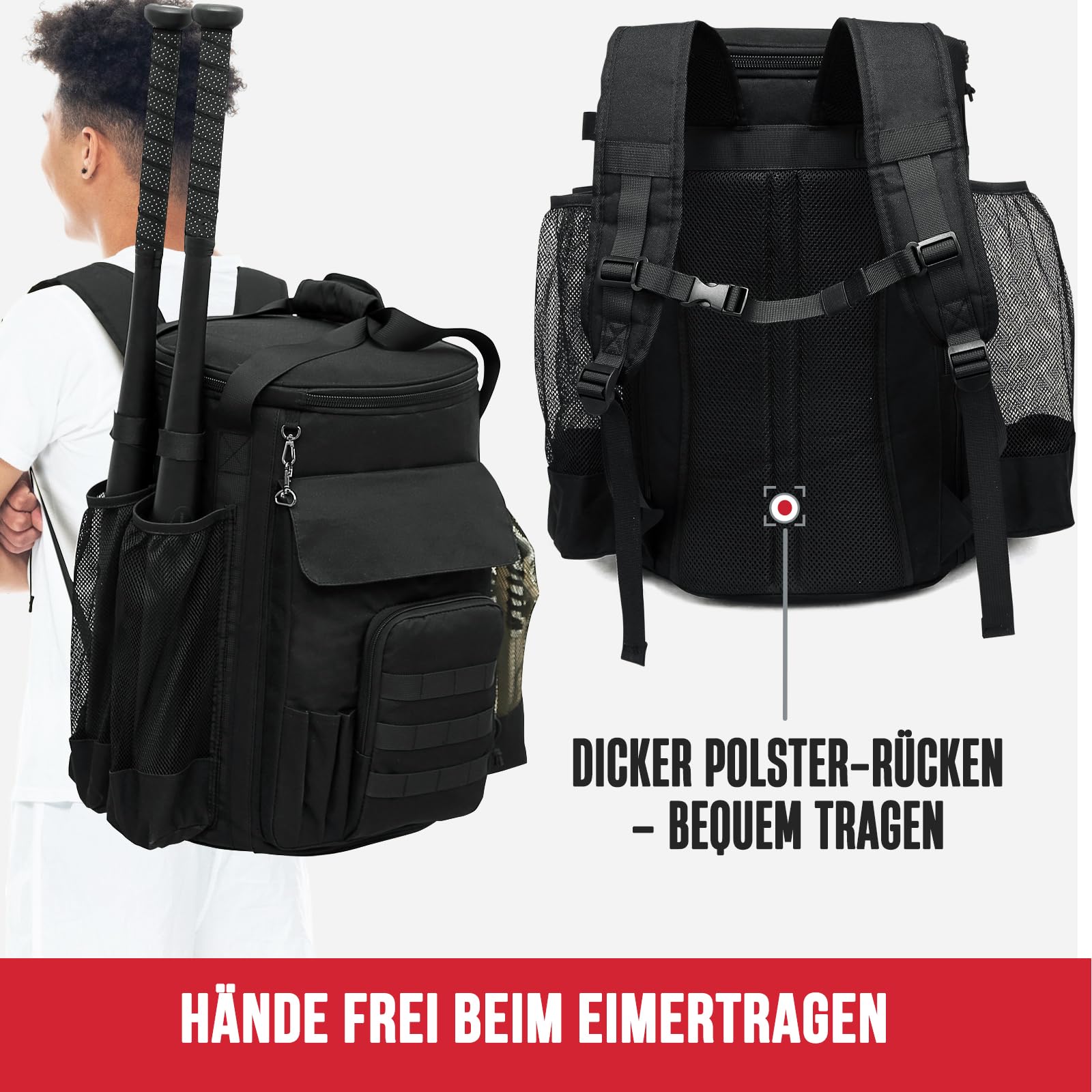 Baseballtasche für 6-Gallonen-Eimer, Baseball-Rucksack für Baseballtrainer mit taktischem MOLLE-Gurtband, Eimerabdeckung mit Mehreren Taschen für Schläger und Handschuhe – ohne Eimer