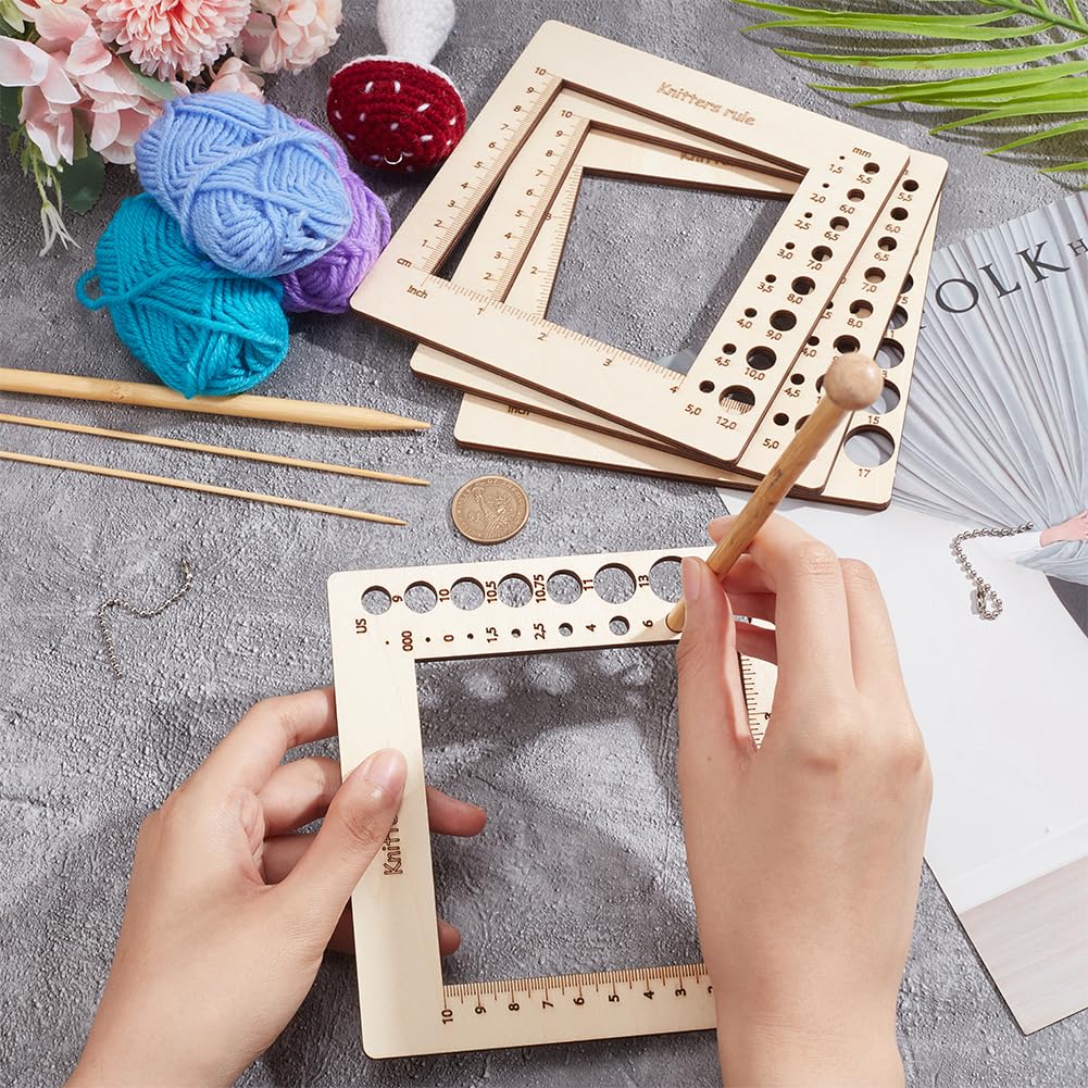 Yarn Measuring Spinning Control Knitting Ruler 3-Piece Wood Knitting Needle Gauge Set ...