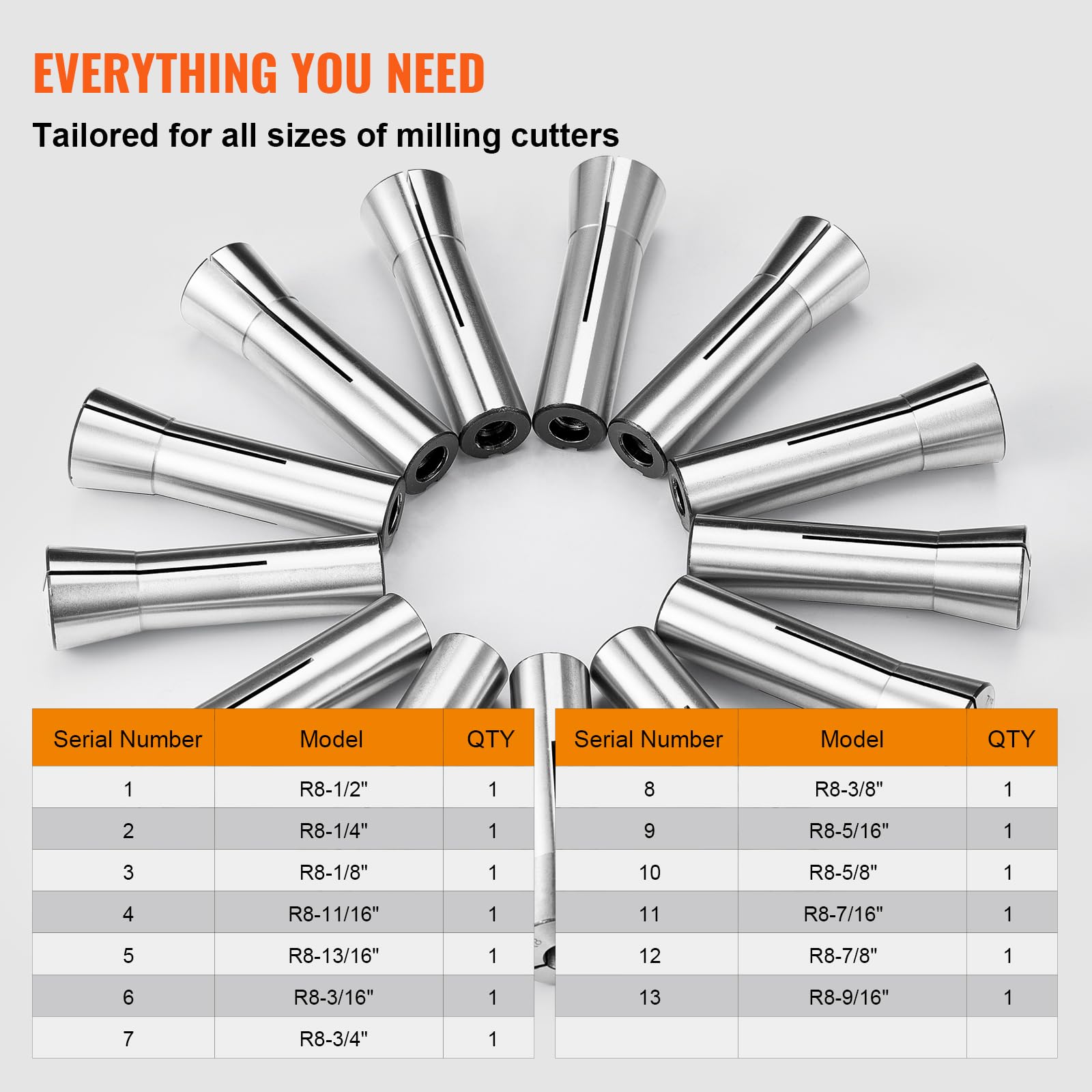 VEVOR Precyzyjny zestaw tulei zaciskowych R8, 1/8'' - 7/8'', 45# uchwyt zaciskowy ze stali stopowej 0.0 cm/30μm TIR z 13 oznakowanymi pudełkami do przechowywania, do frezarek, wiertarek, wytaczarek,