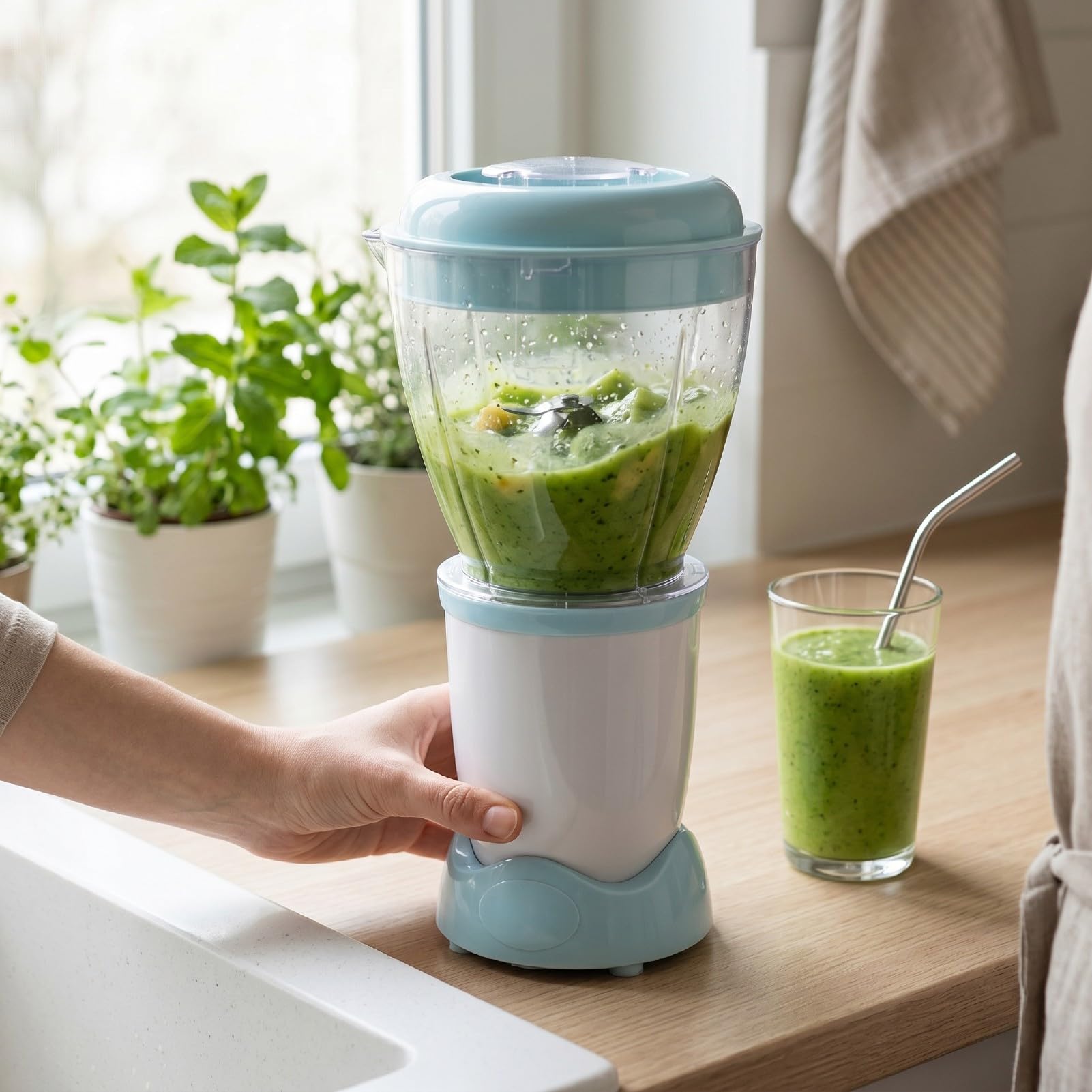 Fockety Procesador alimentos para bebés, apto para lavavajillas, azul claro (Enchufe de la UE 220-240v)