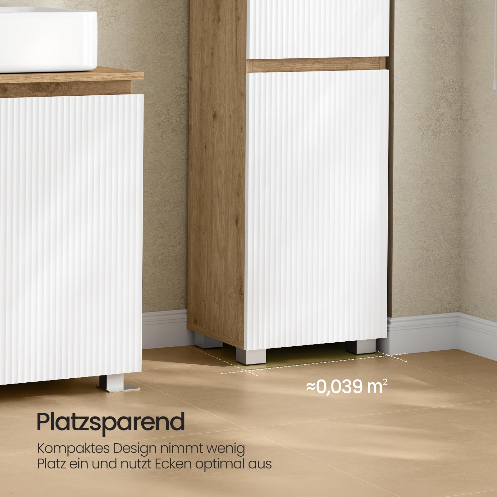 EUGAD Badezimmerschrank hoch, Badschrank schmal, mit 2 Türen, 1 offenem Fach, 1 Schublade, verstellbaren Einlegeböden, 35 x 176,5 x 30 cm, für Badezimmer Wohnzimmer Küche, Weiß + Braune Holzoptik