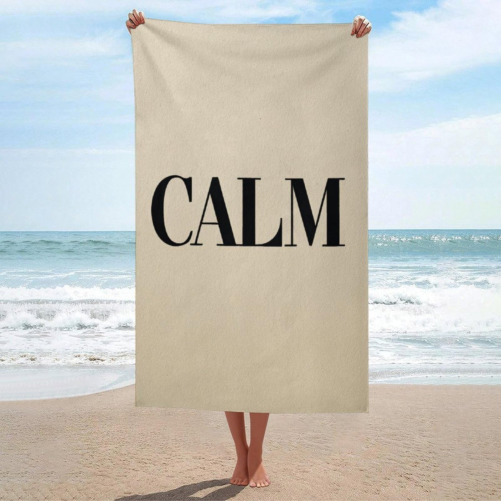 asbwuo Typography Word Calm on Beige Beach Towel