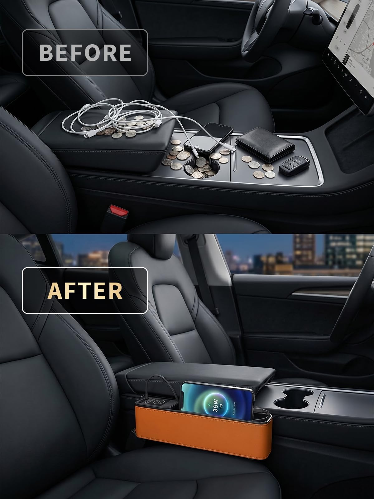 Cargador retráctil de coche de 75 W con relleno de espacio para asiento de coche, adaptador de carga rápida 4 en 1, cable PD USB C integrado de 36 W y organizador de almacenamiento para teléfono/gafas