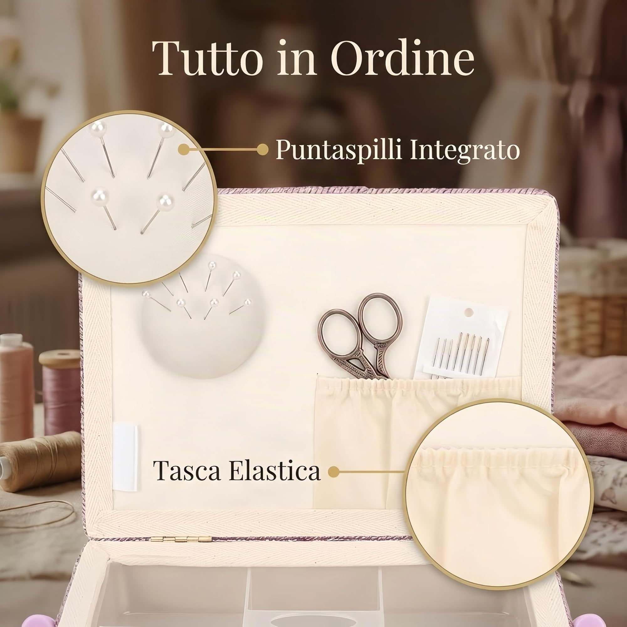Cestino da Cucito Vintage con Manico - Scatola Portaoggetti in Tessuto con Vassoio Rimovibile, Organizer Kit Cucito Doppio Strato per Aghi e Fili (Fantasia Rosa)
