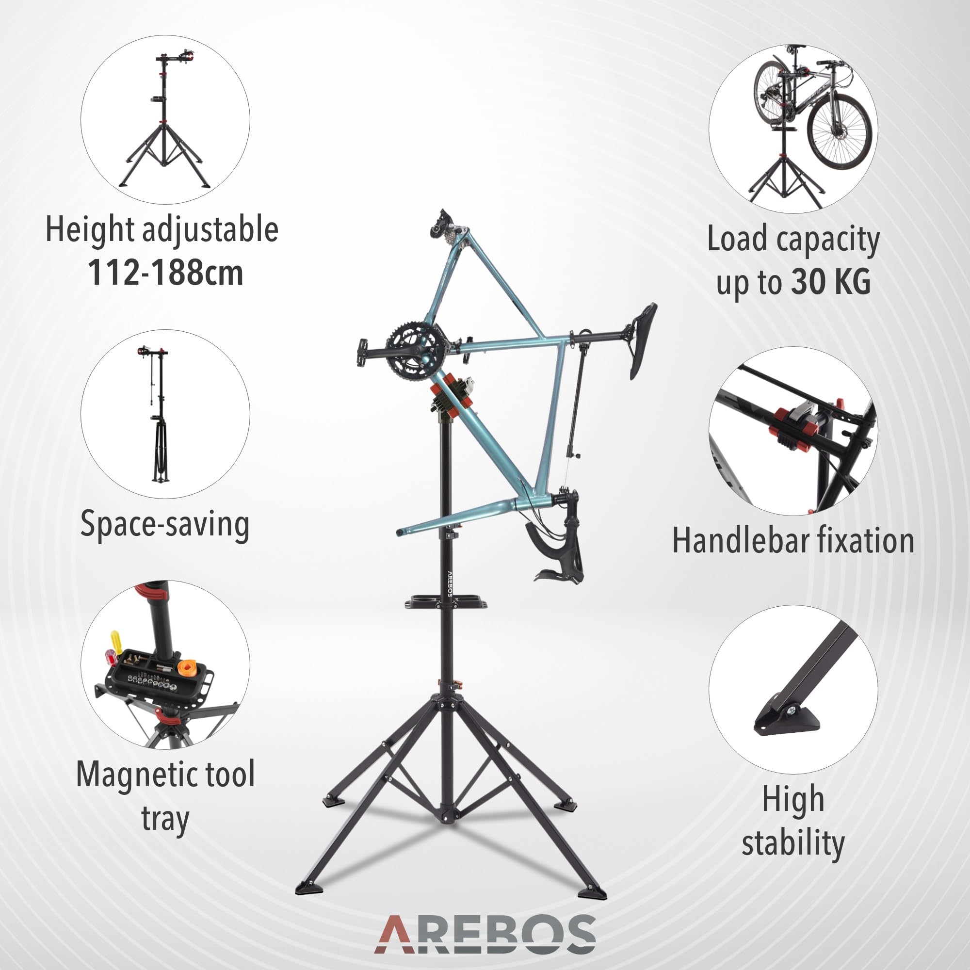 Arebos Profesjonalny stojak do montażu rowerów, rowerów górskich, rowerów górskich, rowerów elektrycznych, do dużych obciążeń, stojak na rowery + torba z mechanizmem szybkiego zwalniania, obracany o