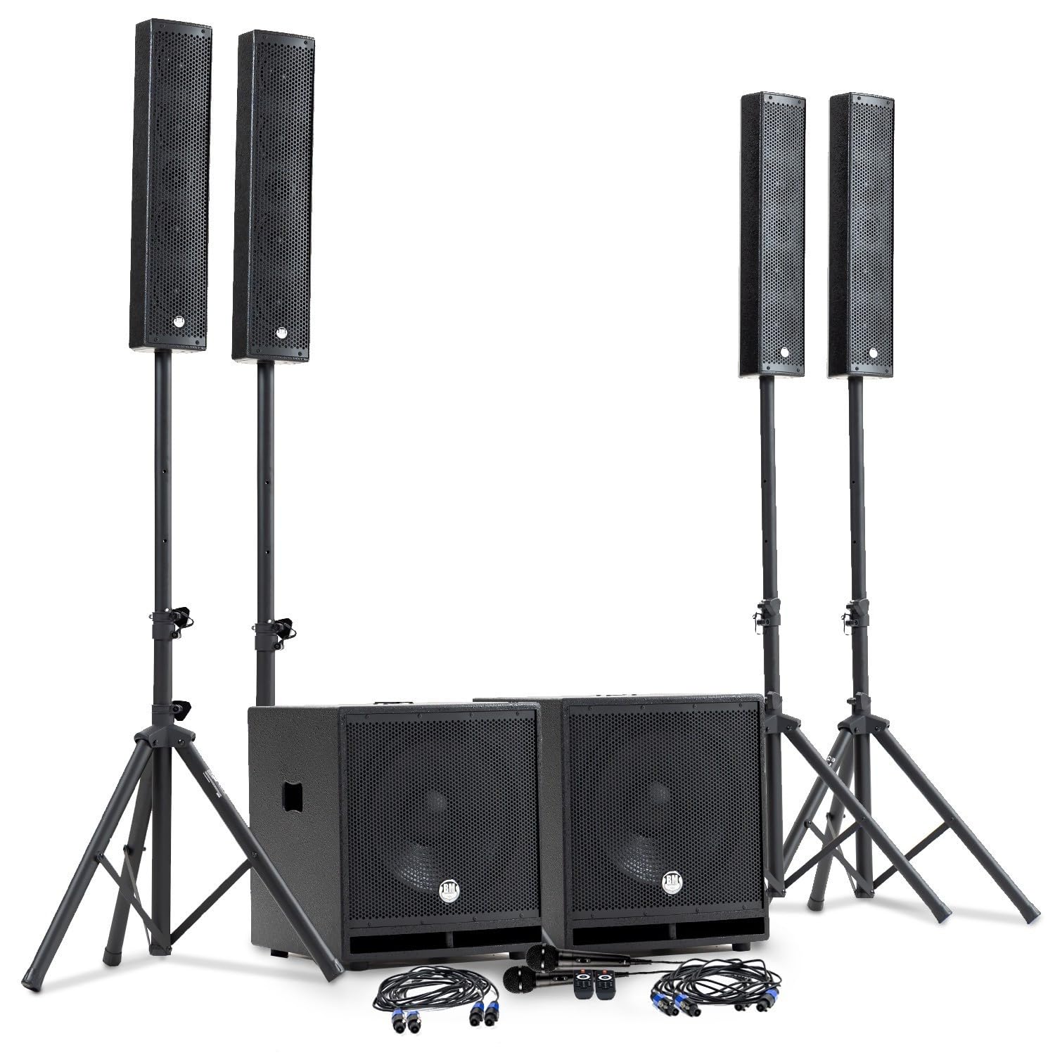 Pack Sono 2400W DJ Complet BM Bmsonic BMS-15-SLIM-BT, 4 Enceintes Satellites, 2X SUB 38cm USB/Bluetooth, Supports Câbles, Micros