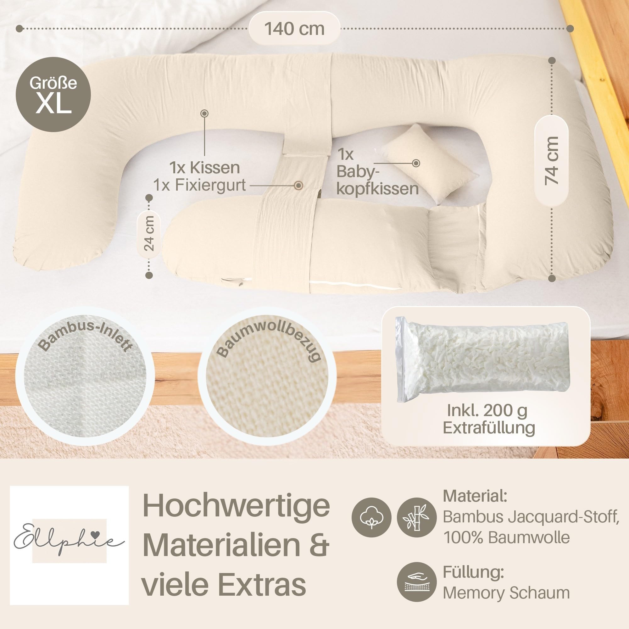 Seitenschläferkissen XL, Schwangerschaftskissen, Stillkissen, Memory Foam Füllung, Kissenbezug 100% Baumwolle, Kuschelkissen, Lagerungskissen, Viskosebezug, Pregnancy Pillow, beige