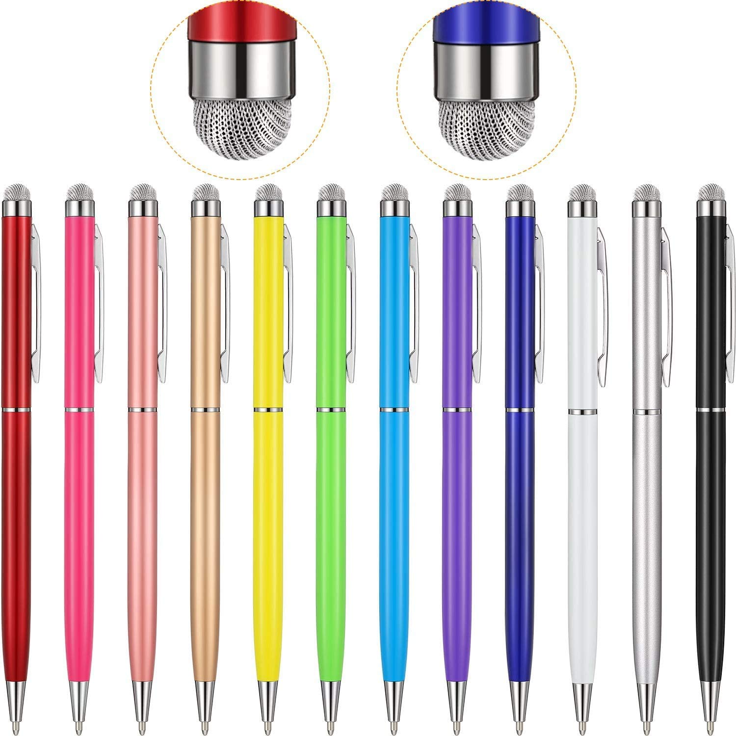 12 Pieces Stylus Pens for Touch Screens, Retractable Fiber Tip 2 in 1 Capacitive Stylus Ballpoint Pen Compatible with iPad iPhone Tablets Samsung All Universal Touch Screen Devices