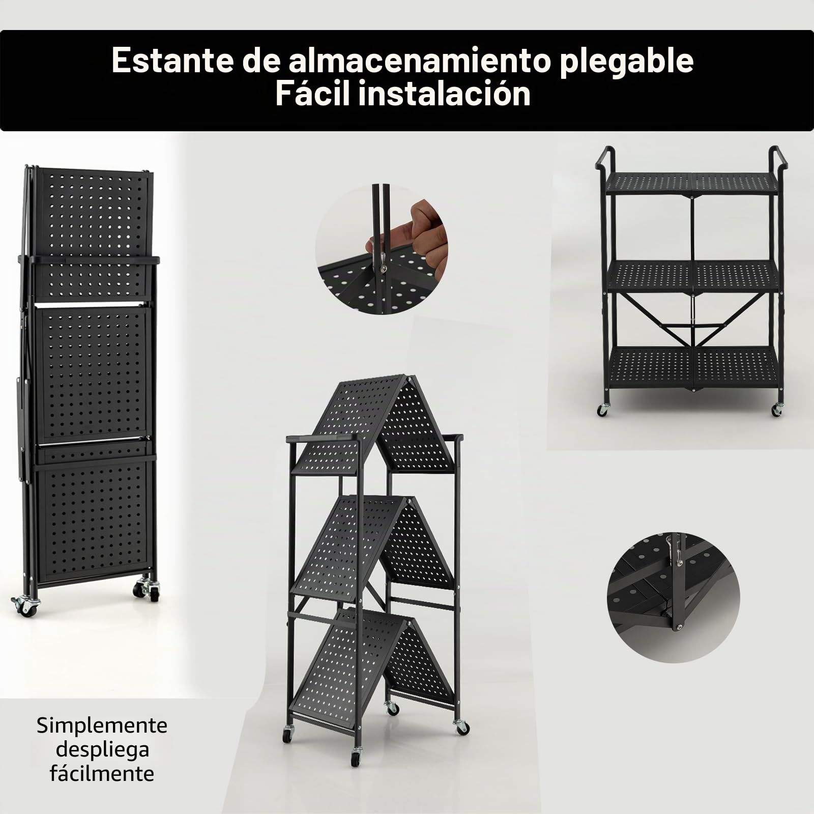 KOMFOTTEU Carrito de Cocina Plegable de 3 Niveles, Carro Auxiliar de Metal, Estantería para Microondas con Ruedas, Carro de Servicio, Carro de Almacenaje para Salón, Pasillo, 73 x 33 x 94 cm, Negro