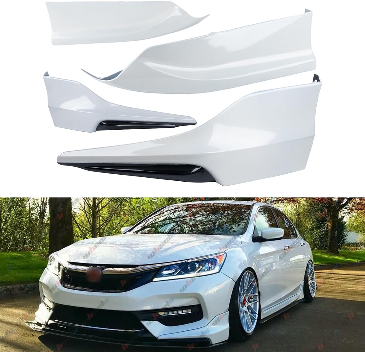 4Pcs Front & Rear Bumper Lip Splitter Compatible with 2016-2017 Honda Accord, Fit for 4 Door Sedan, Auto Protection Body Spoiler Part Kit ((White & Glossy Black)
