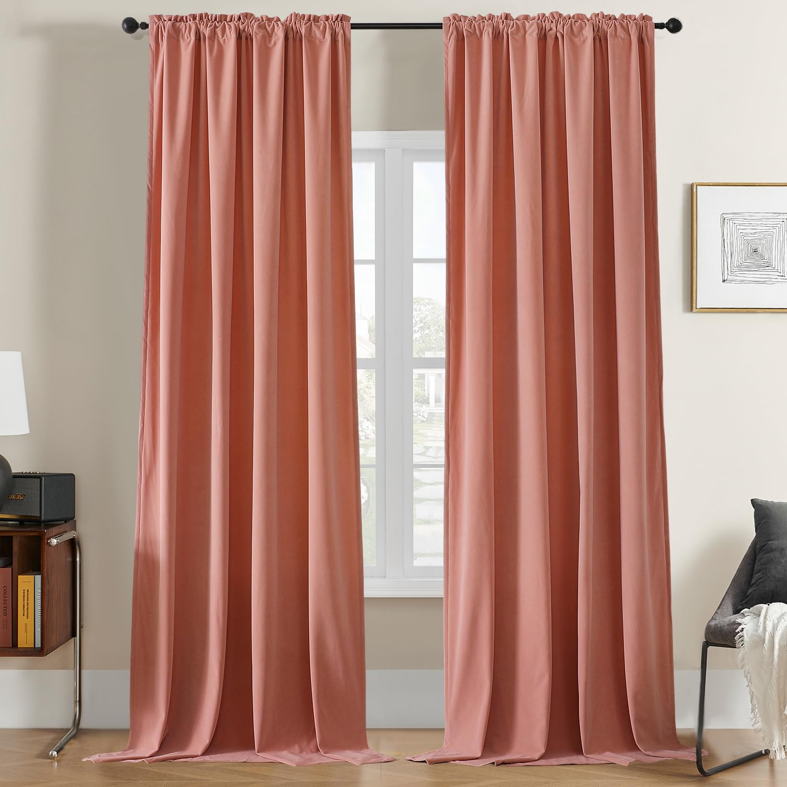 Joydeco Pink Velvet Curtains 108 inch Length 2 Panels, Luxury Blackout Rod Pocket Thermal Insulated Window Curtains, Super Soft Room Darkening Drapes for Living Dining Room Bedroom,W52 x L108 inches — image 1