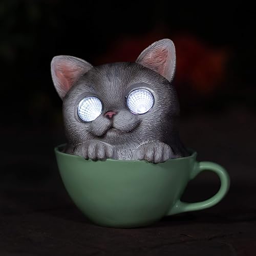 Miniatura 4 de Blazin - Figura de gato para decoración de patios o espacios al aire libre, ojos LED, decoración, estatua de jardín, animales decorativos para
